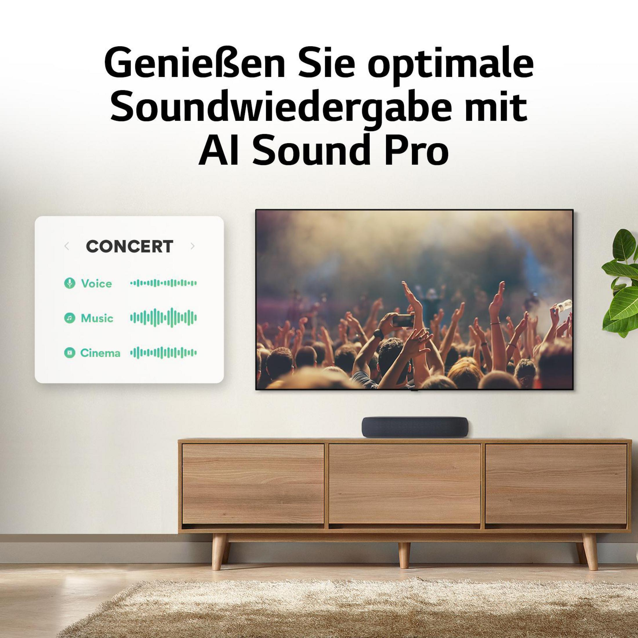 Fernseher mit Konzertaufnahmen, Soundbar und Holzschrank. Text über AI Sound Pro.