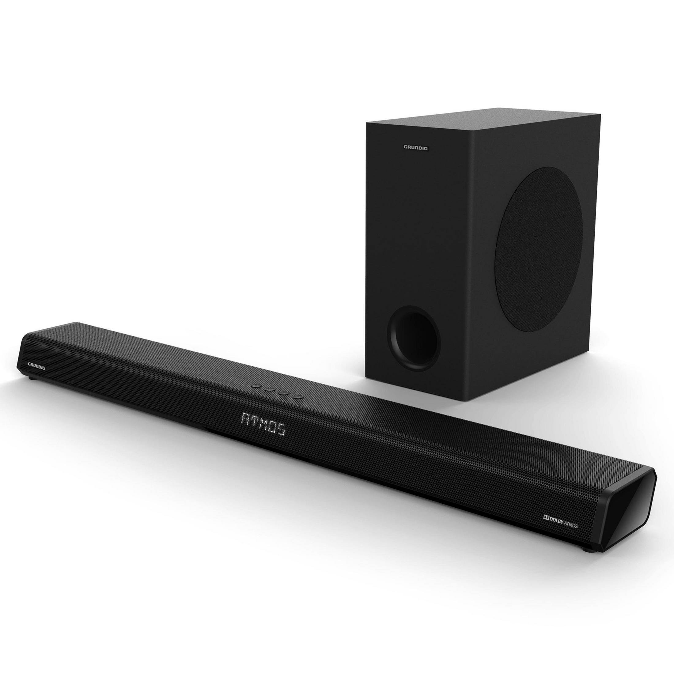 Czarny soundbar i subwoofer na białym tle, z logo 'Grundig'.
