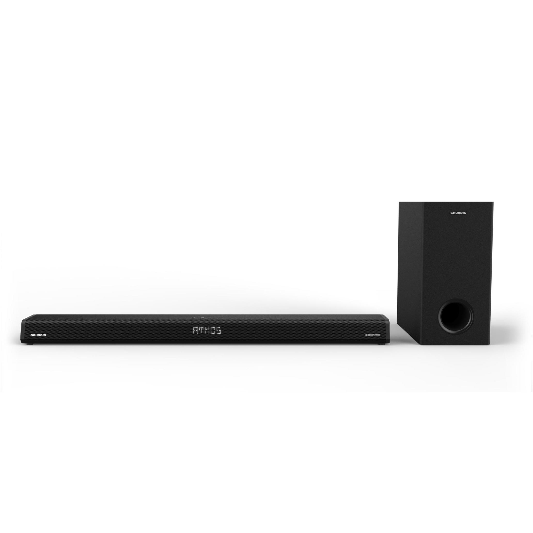 Czarny soundbar i subwoofer. Soundbar ma napis ATMOS. Oba na białym tle.