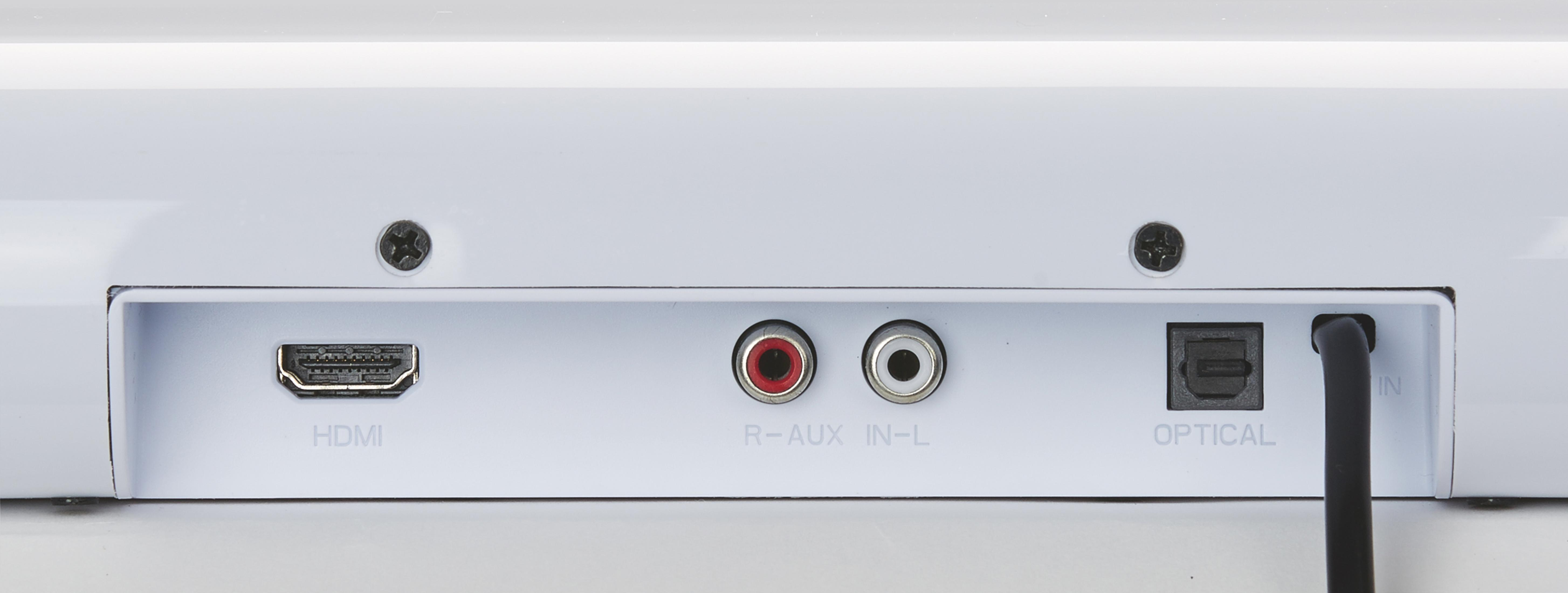 Tył białego soundbaru z połączeniami: HDMI, RCA i Optyczne, na białym tle.