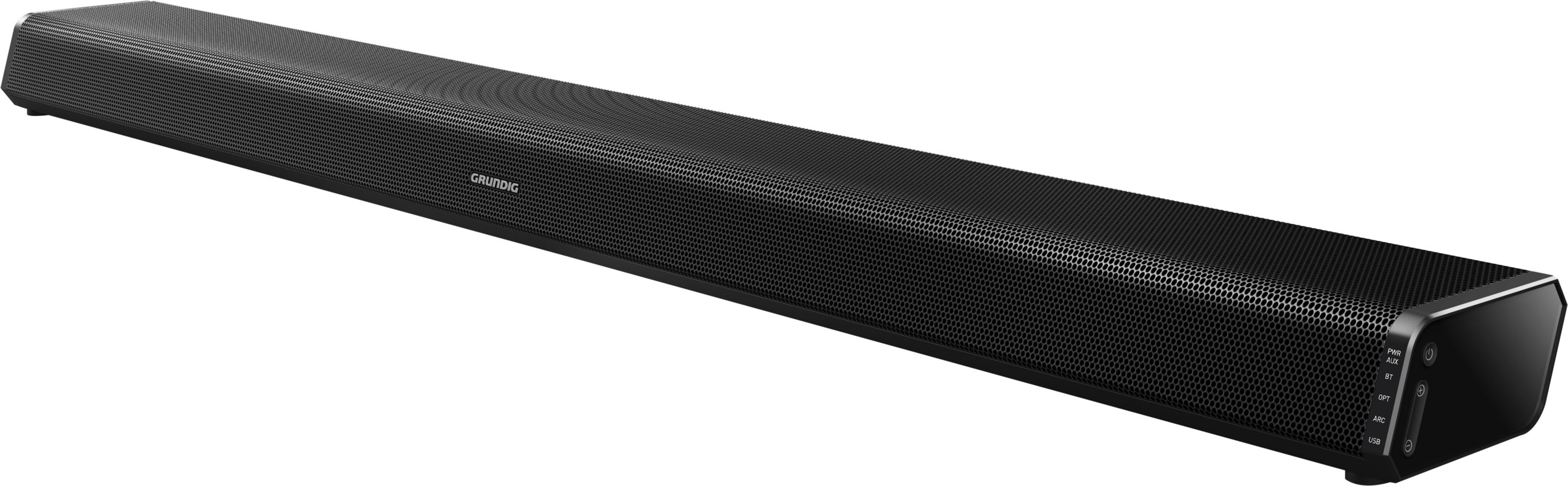 Czarny soundbar z perforowanym przodem. Posiada przyciski sterowania z boku.