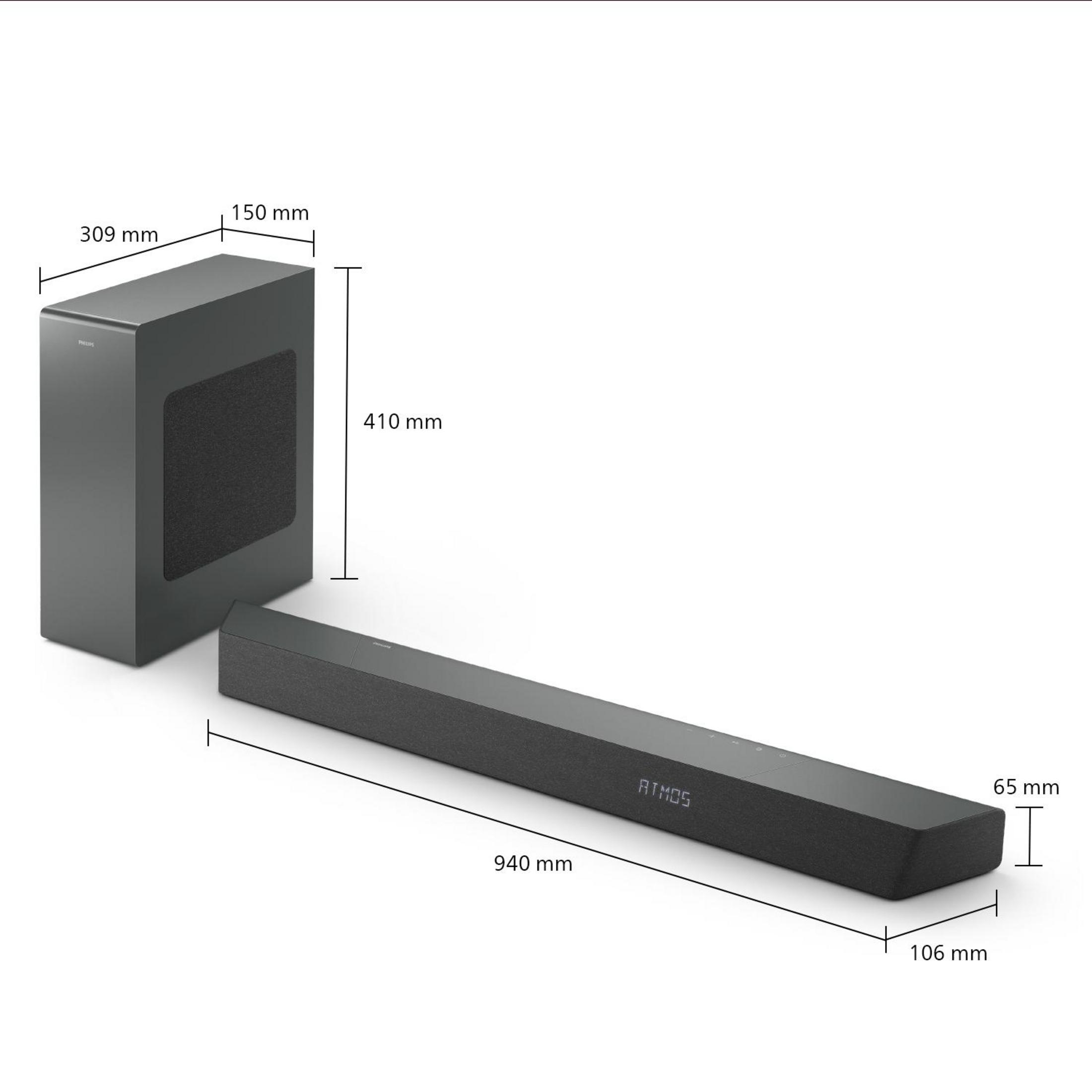Dunkelgraue Soundbar mit Atmos-Logo, neben einem Subwoofer, mit angegebenen Abmessungen. Beide auf weißem Hintergrund.