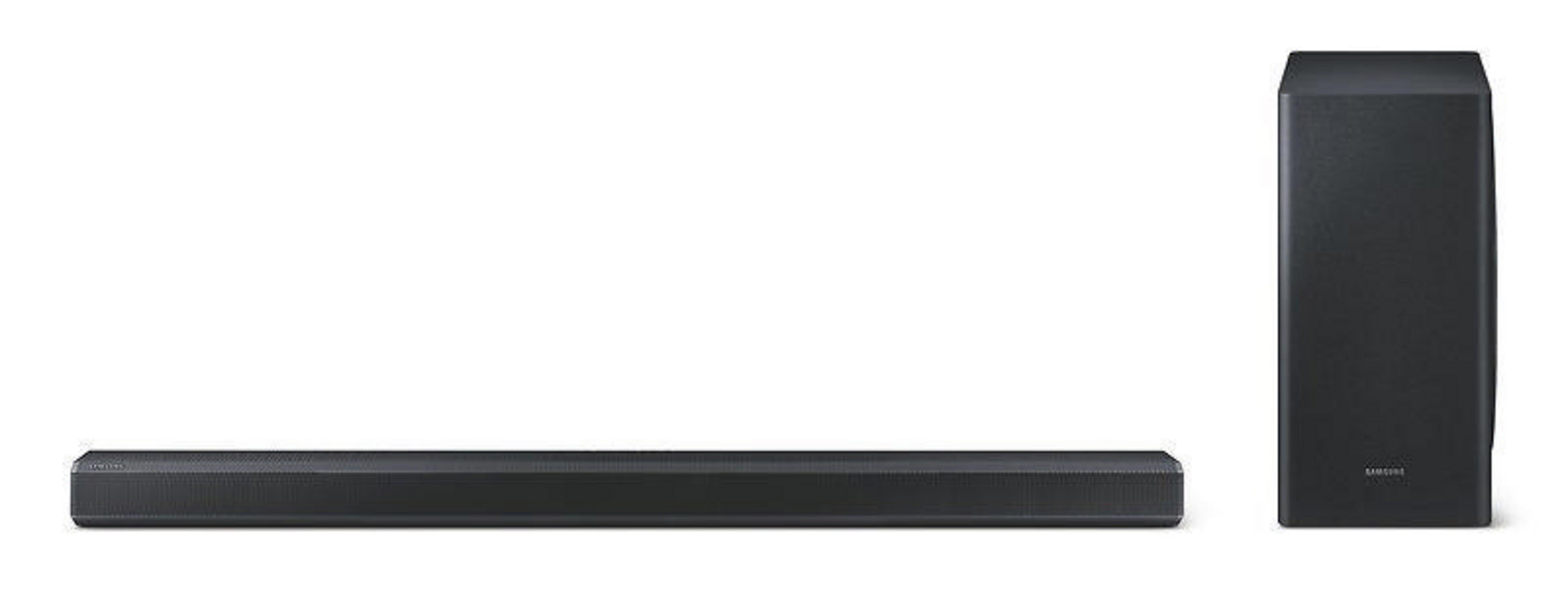 Czarny zestaw soundbar i subwoofer Samsung na białym tle.