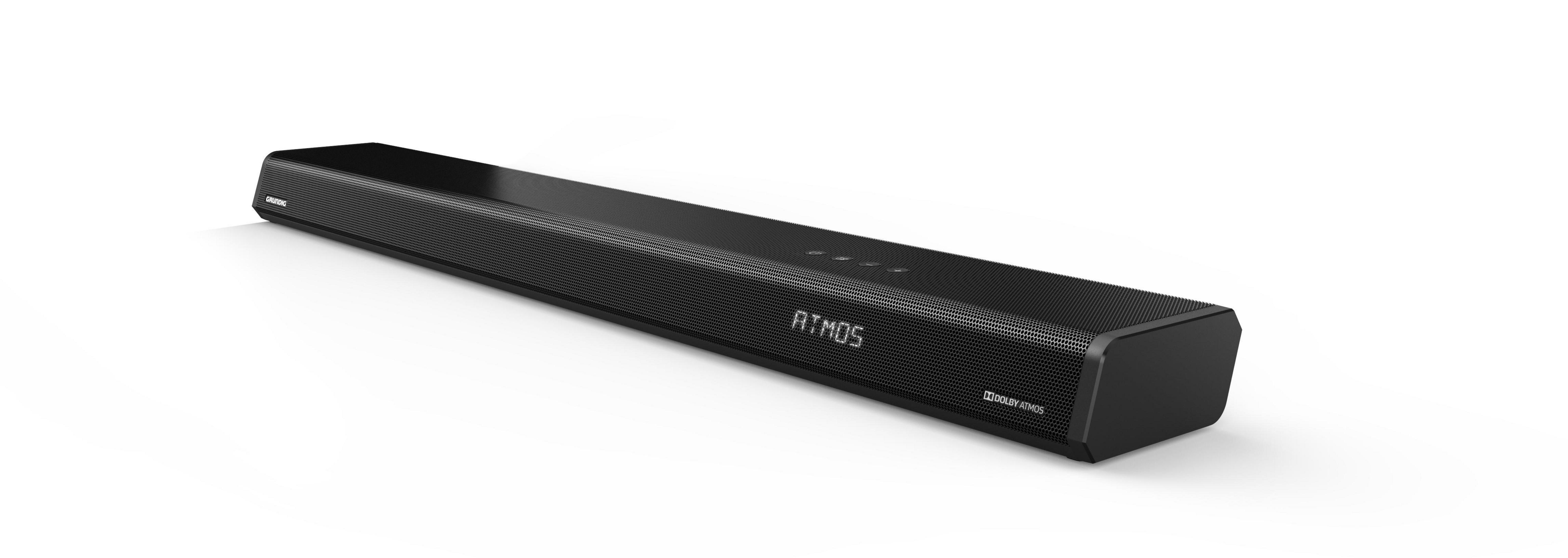 Czarny soundbar na białym tle, pod kątem. Widoczne etykiety Atmos i Dolby Atmos.