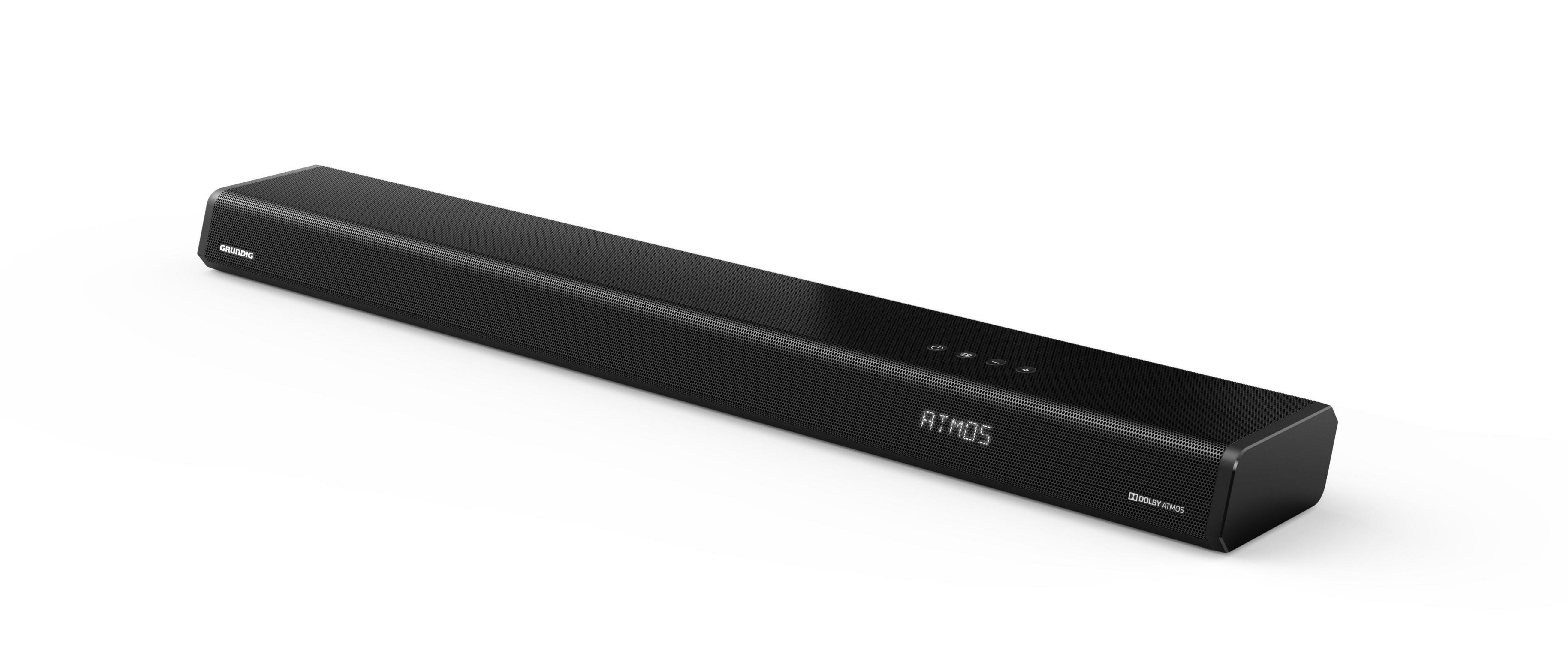 Czarny soundbar z białym tekstem Atmos. Białe tło. Logo Dolby Atmos.