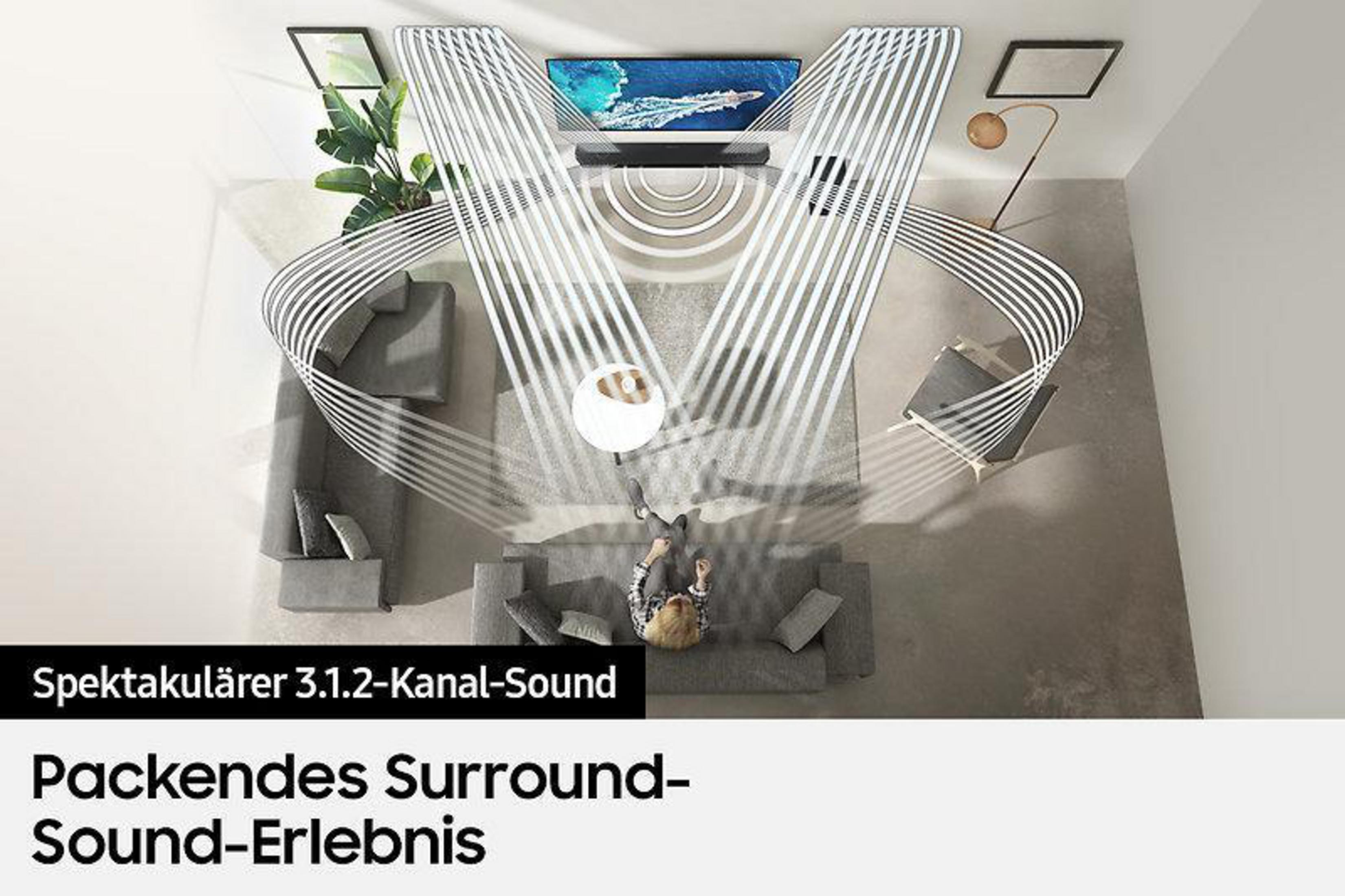 Draufsicht auf ein Wohnzimmer mit Schallwellen, die von einem Fernseher und einer Soundbar ausgehen.