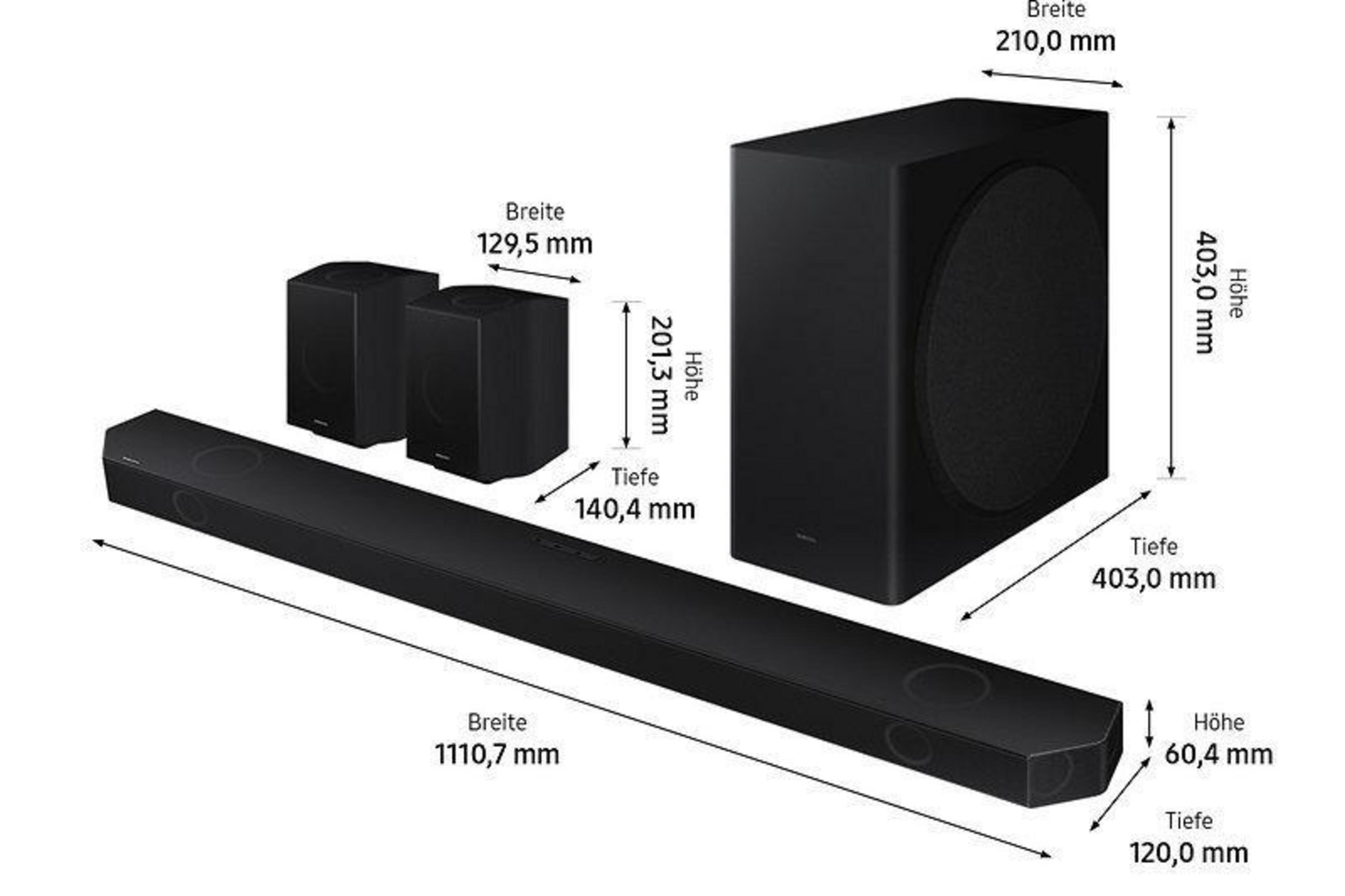 Ein schwarzes Soundsystem mit Lautsprechern und einem Subwoofer. Maße sind angegeben.