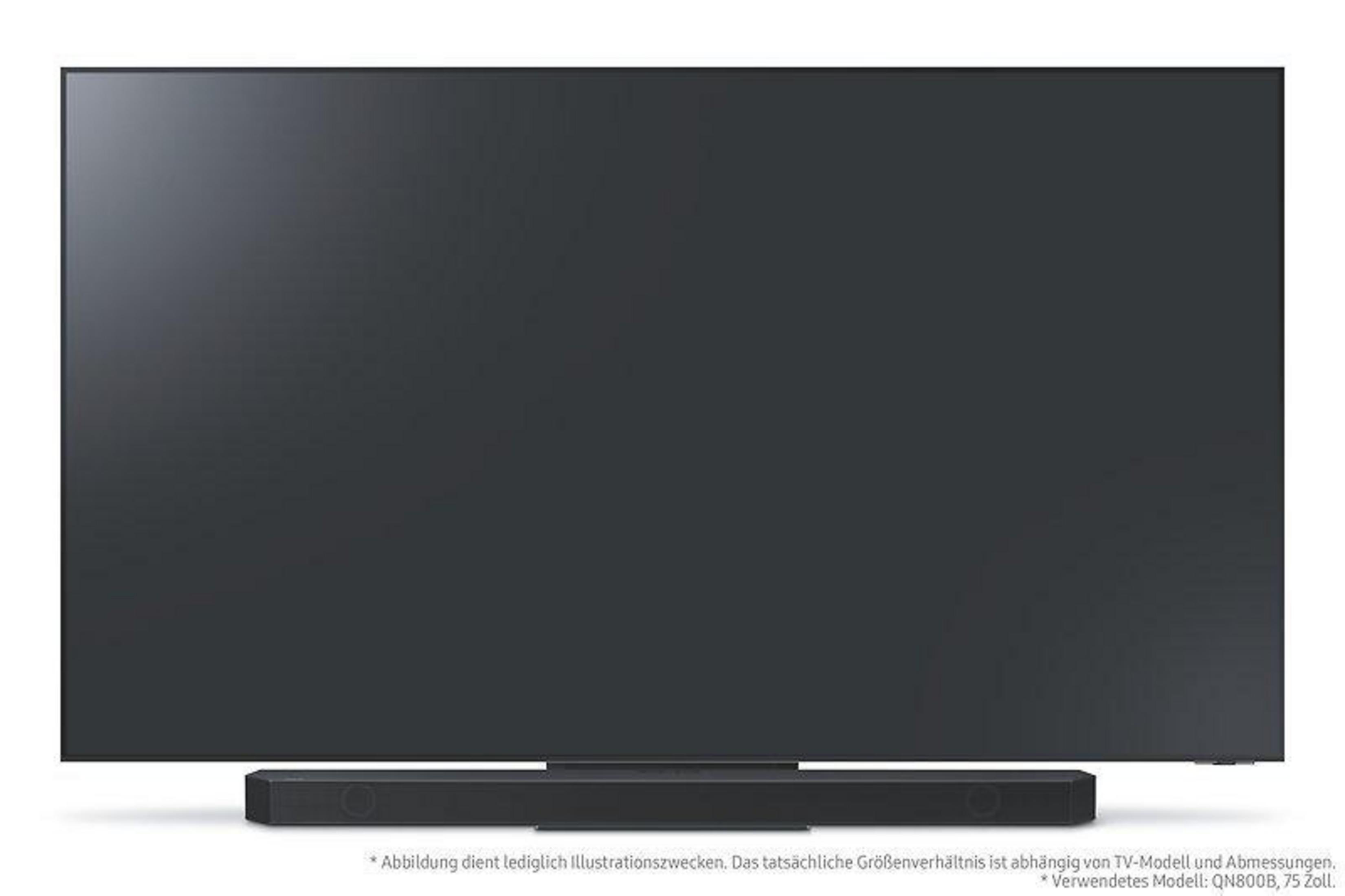 Großer schwarzer TV-Bildschirm mit schwarzer Soundbar darunter, weißer Hintergrund.