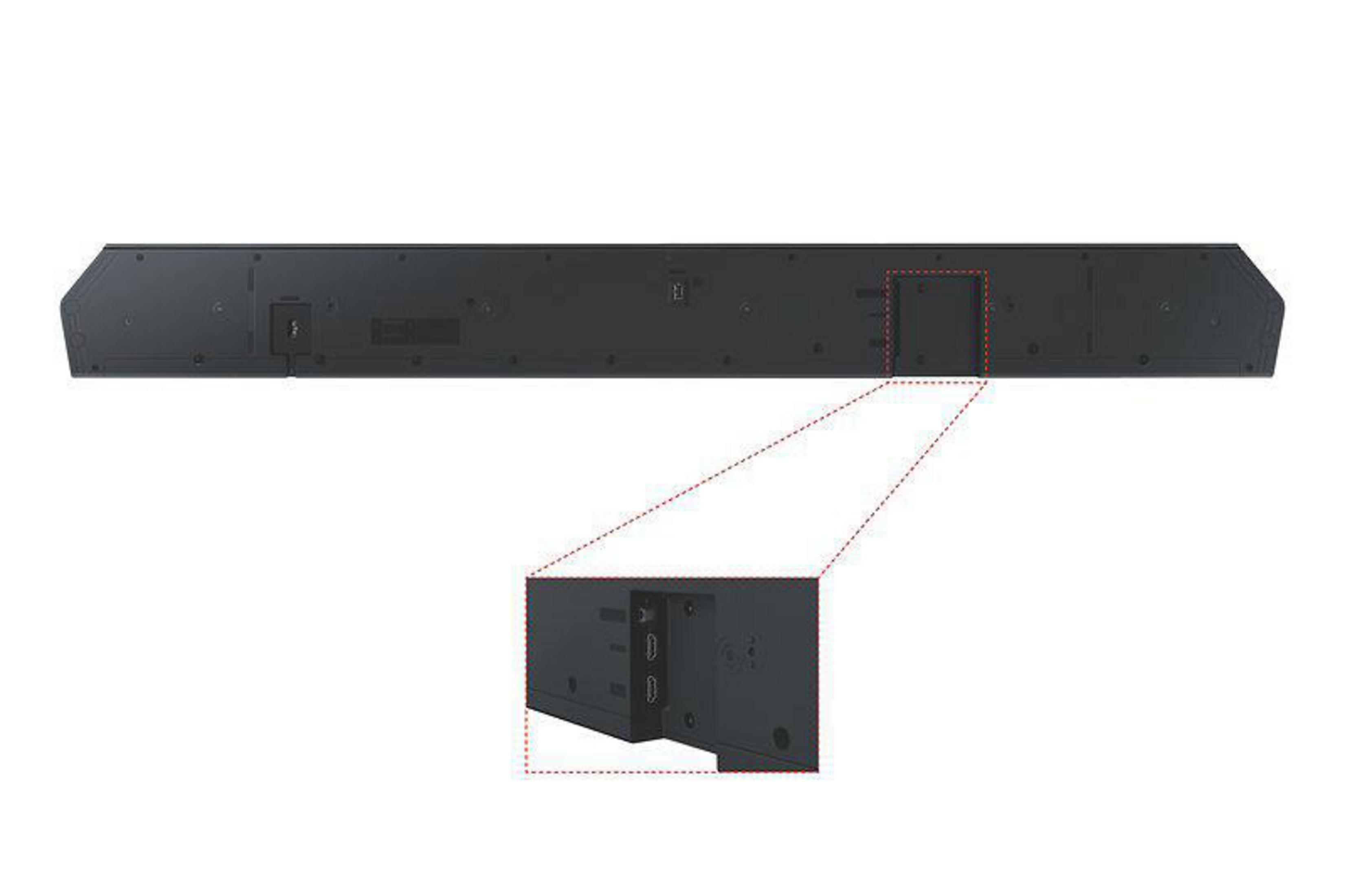 Schwarze Soundbar mit Anschlüssen, vergrößerte Ansicht zeigt HDMI und andere Ports.