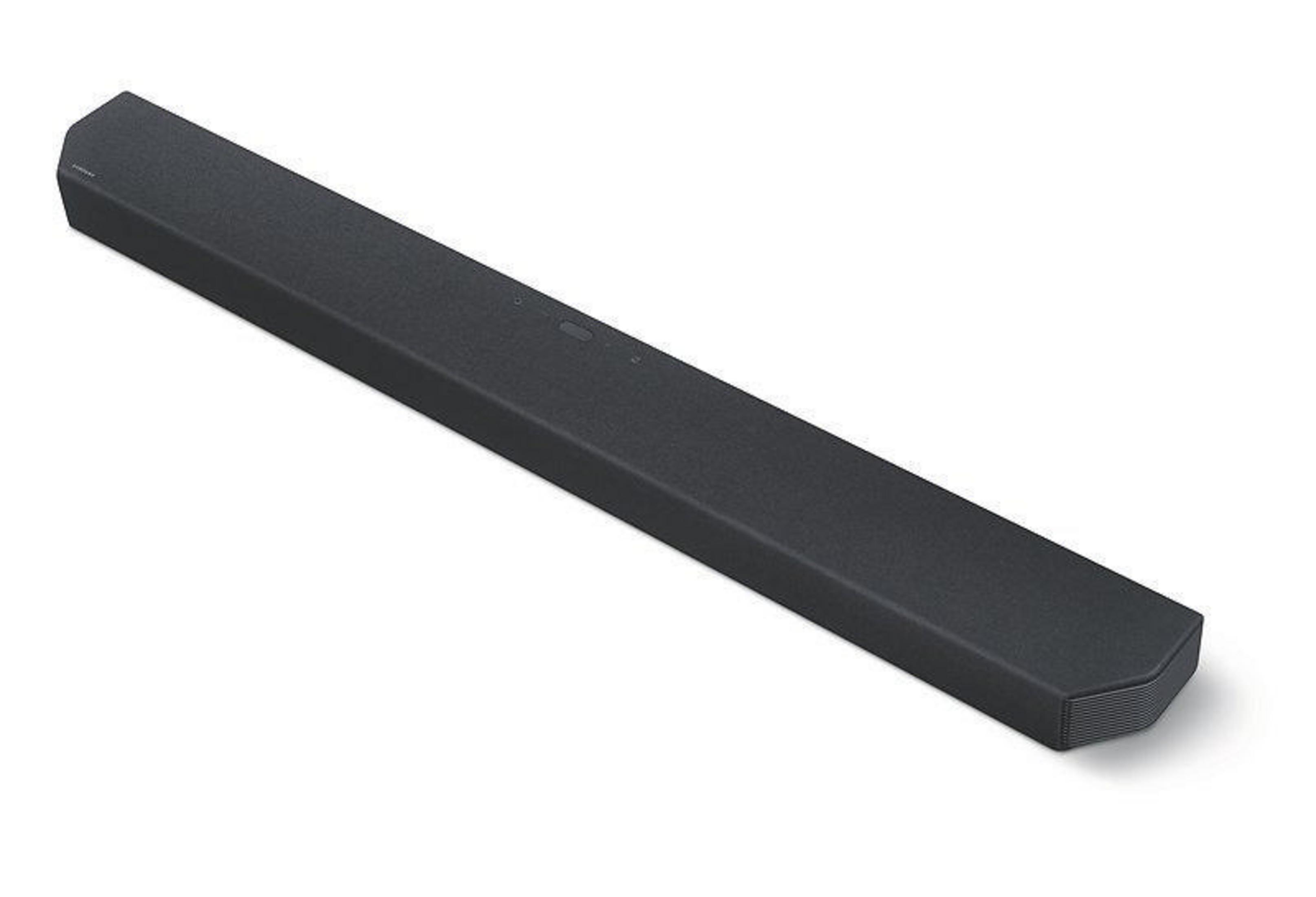 Schwarze Soundbar auf weißem Hintergrund. Rechteckiges, langes und flaches Design.