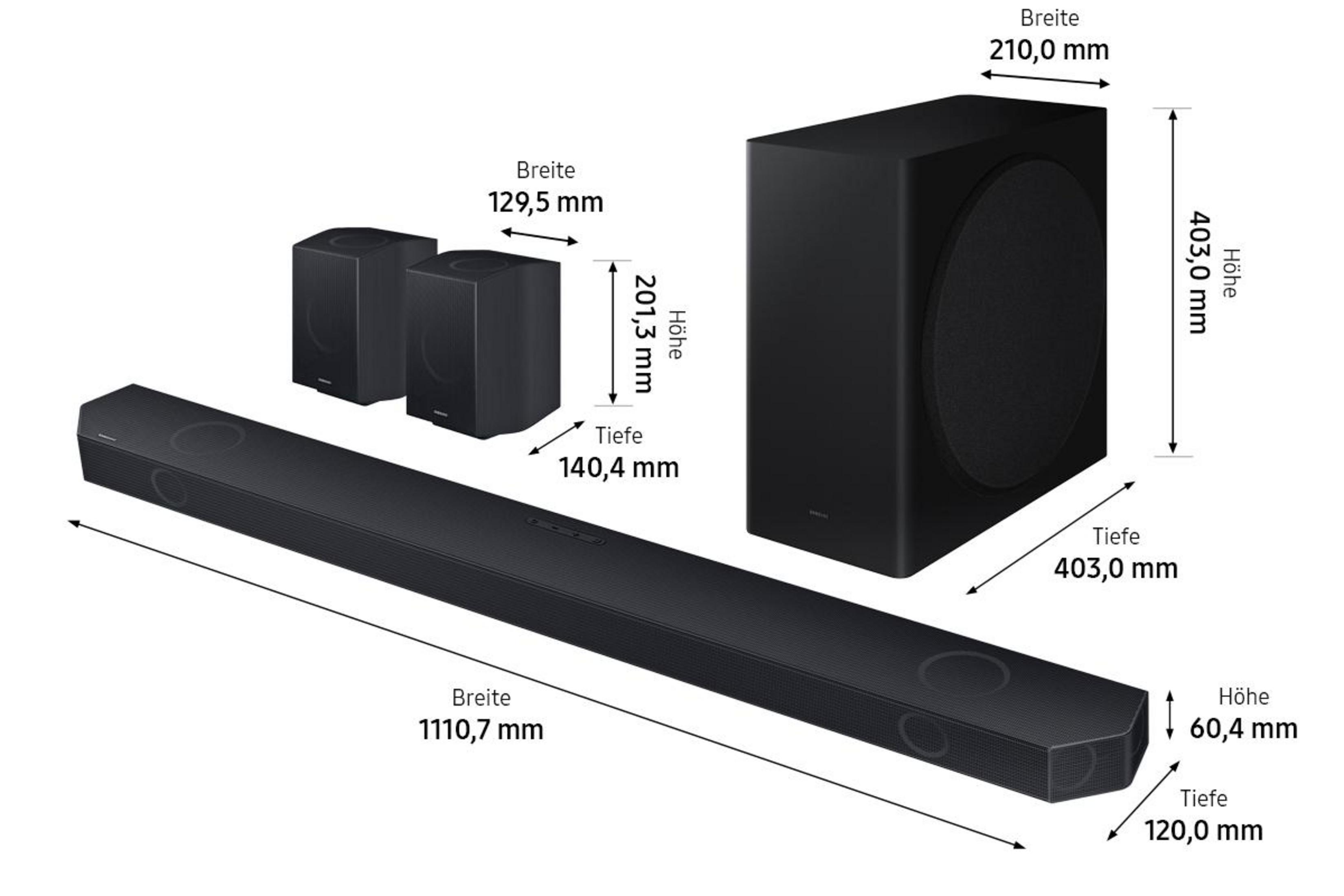 Eine schwarze Soundbar, zwei kleine Lautsprecher und ein Subwoofer mit Maßangaben.