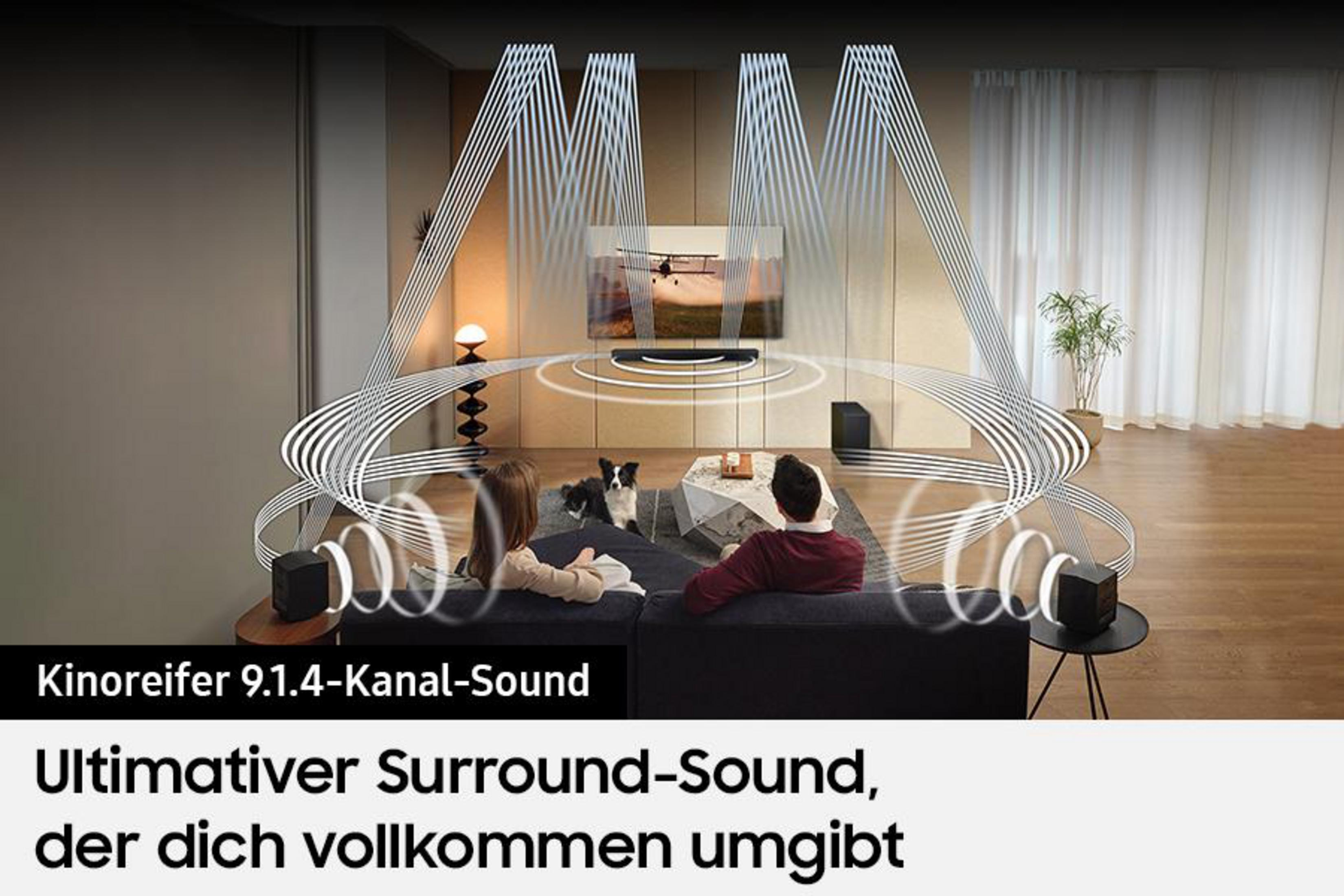 Wohnzimmer mit Fernseher, Soundsystem und zwei Personen beim Zuschauen. Textüberlagerung.