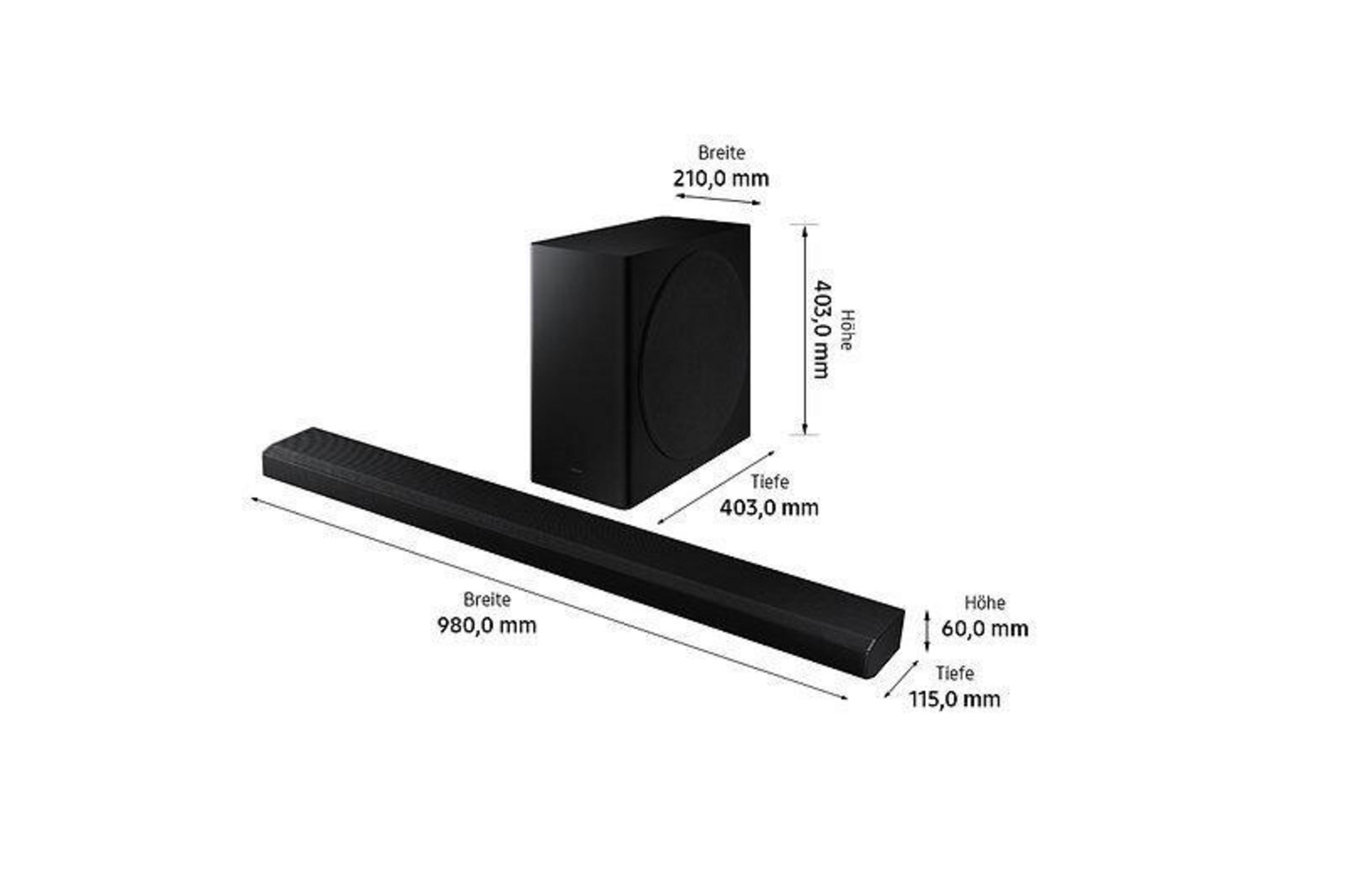 Czarny soundbar i subwoofer z wymiarami.