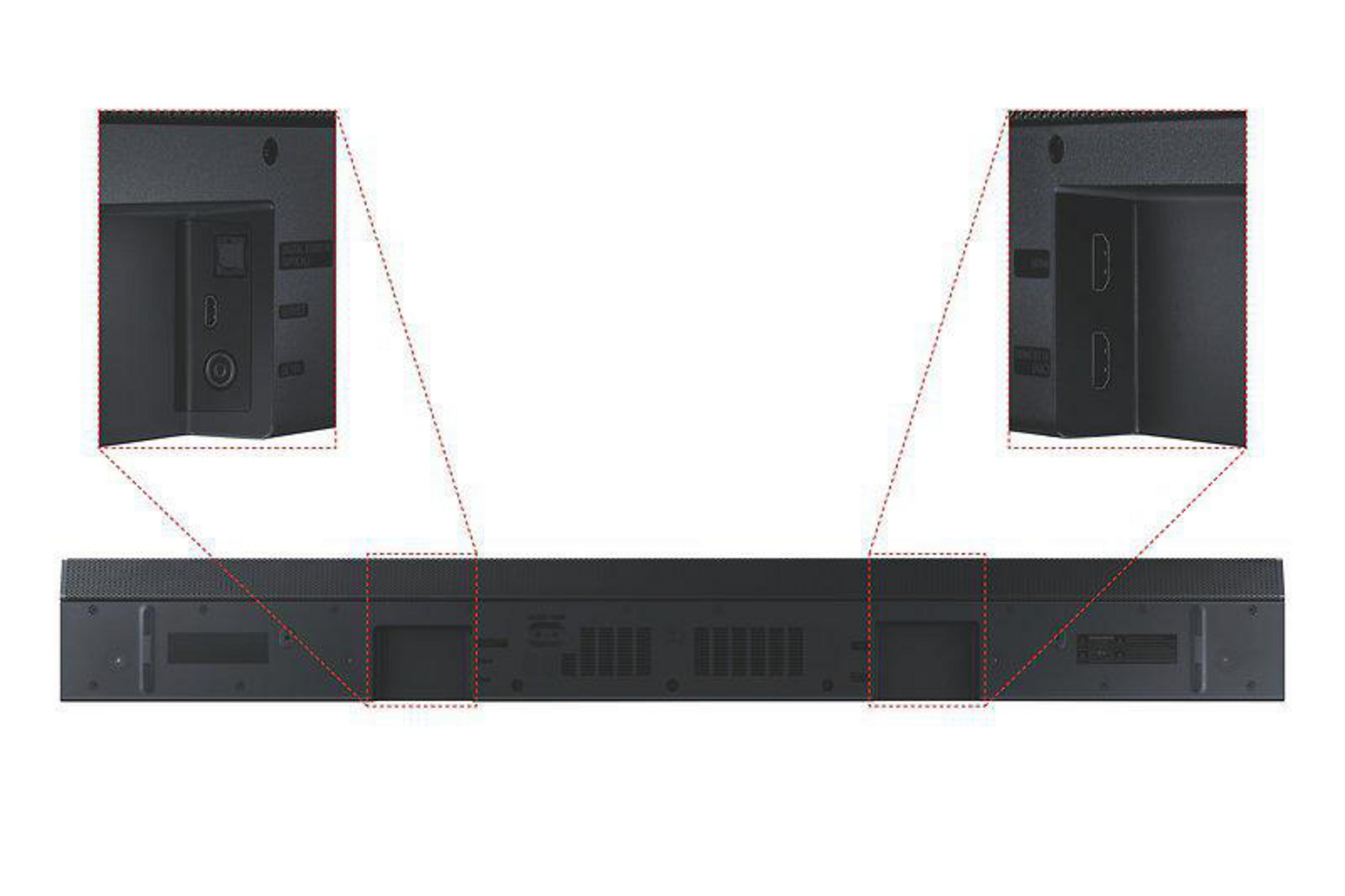 Zbliżenie tyłu soundbara z portami i szczegółami, z czerwonymi liniami podkreślającymi elementy.