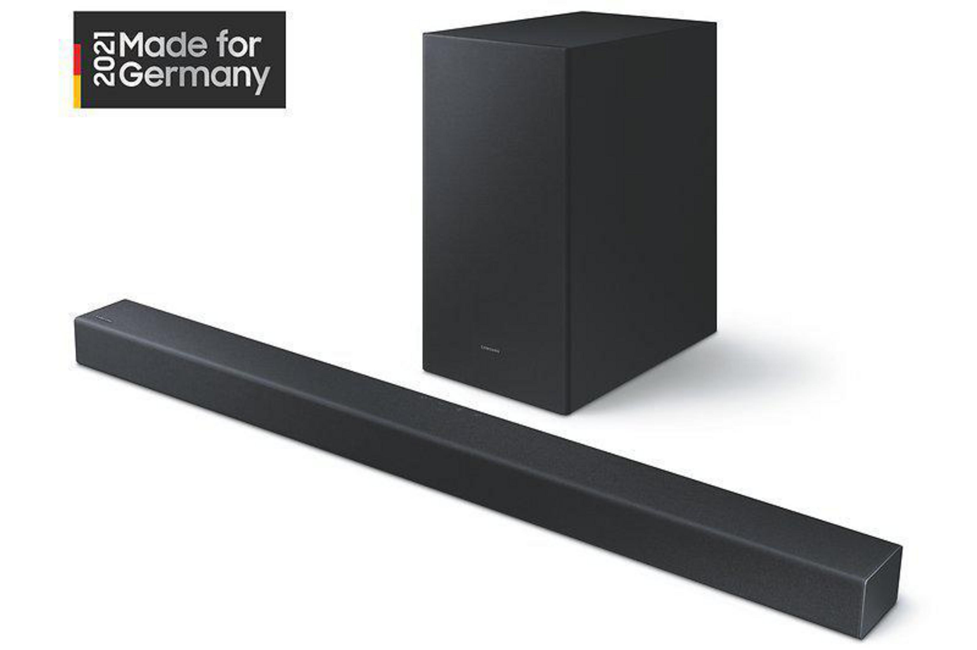 Schwarze Soundbar und Subwoofer, hergestellt für Deutschland.