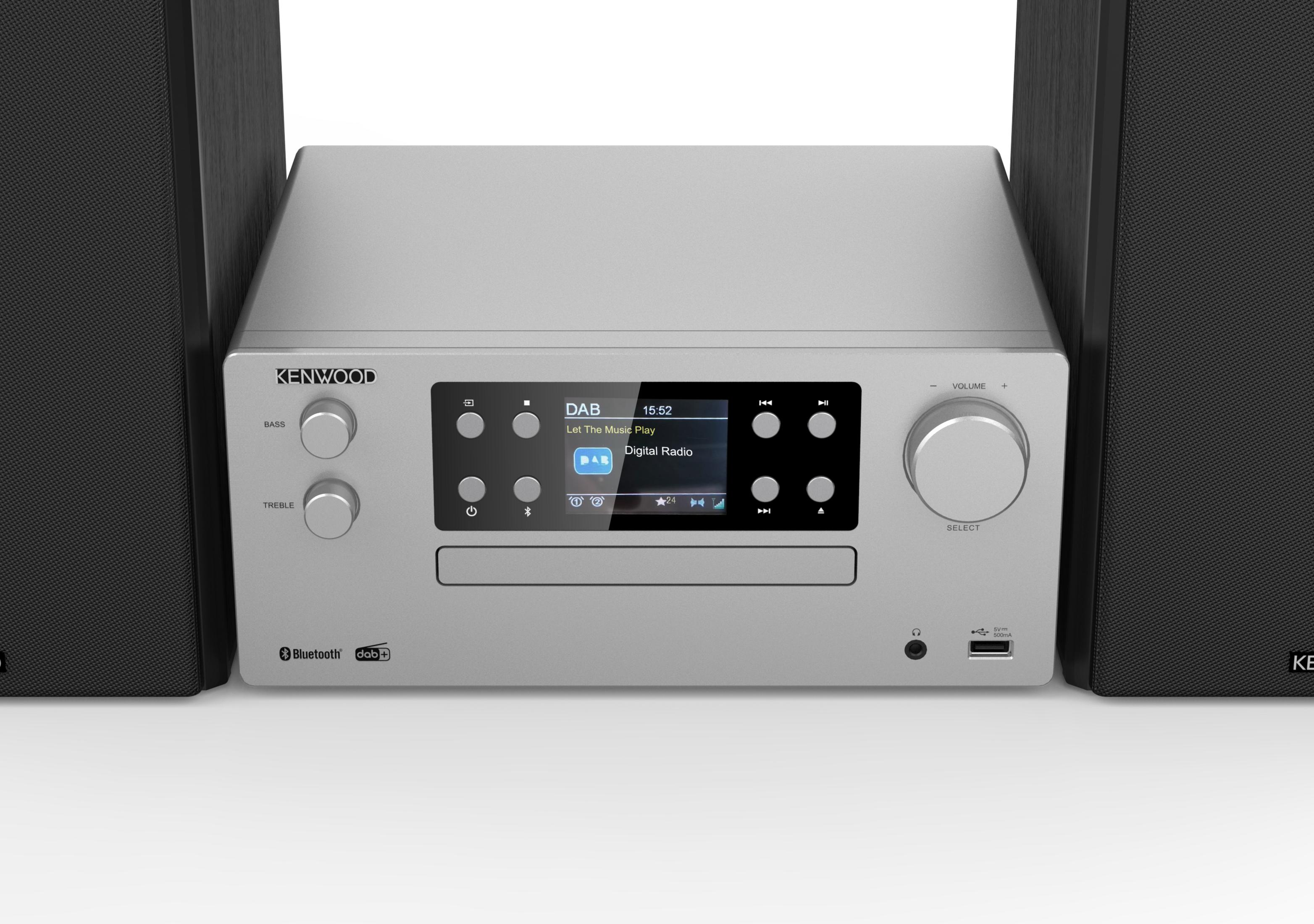 Silbernes Kenwood-Stereosystem mit Lautsprechern. Display zeigt Digitalradio.