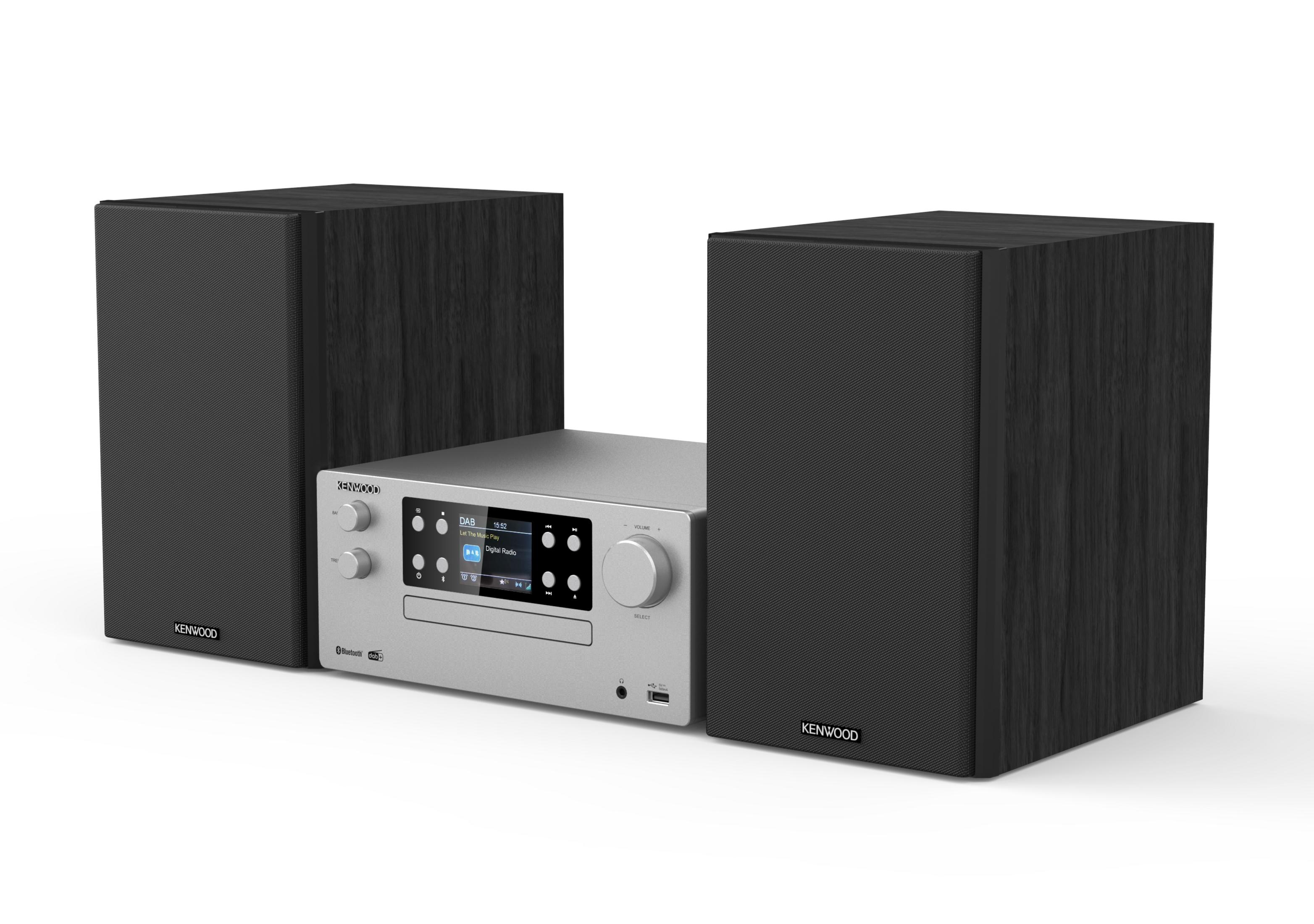 Silbernes Kenwood-Stereosystem mit zwei schwarzen Lautsprechern auf weißem Hintergrund.