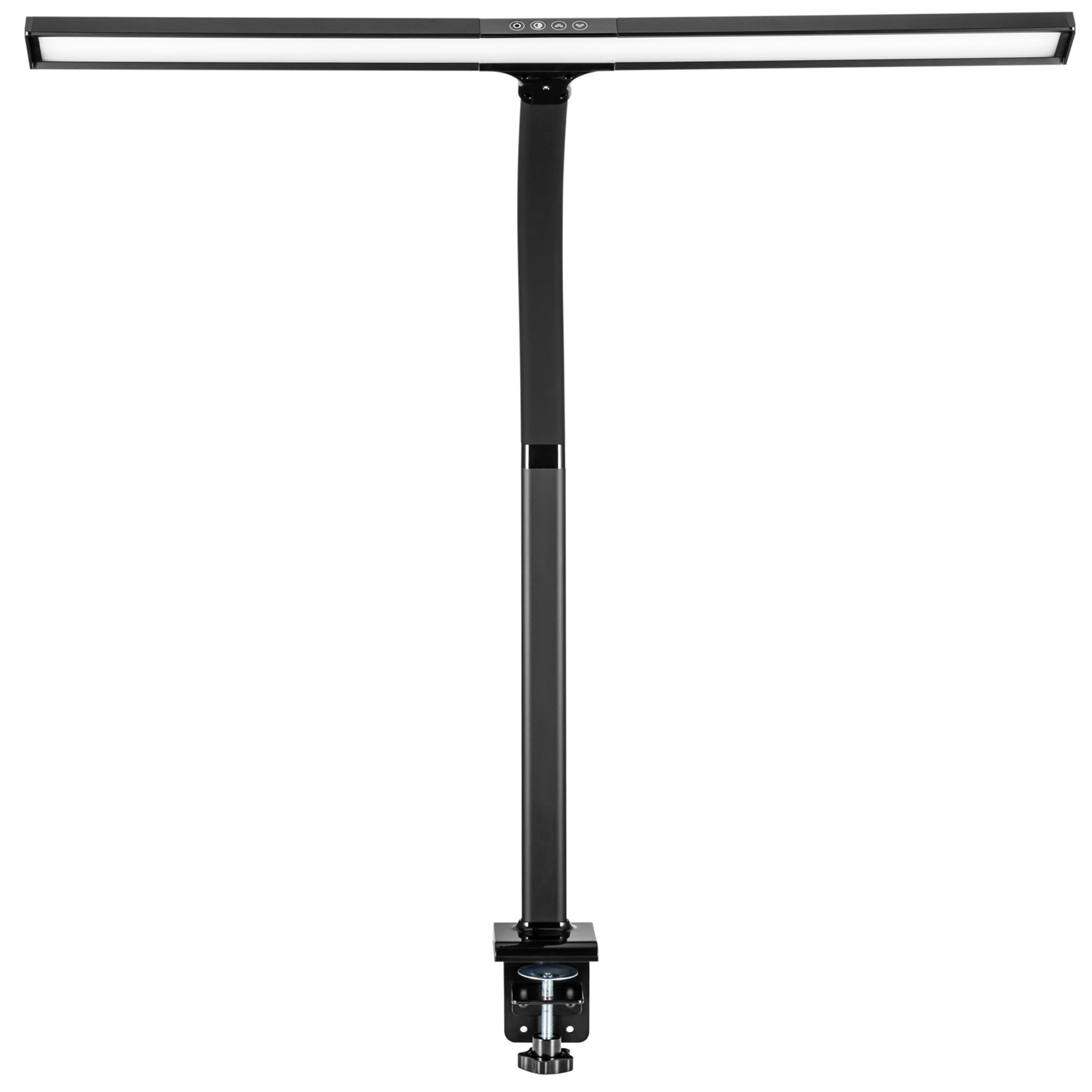 Schwarze Schreibtischlampe mit einem langen, dünnen Lichtbalken. Sie hat eine Klemme zur Befestigung an einer Oberfläche.