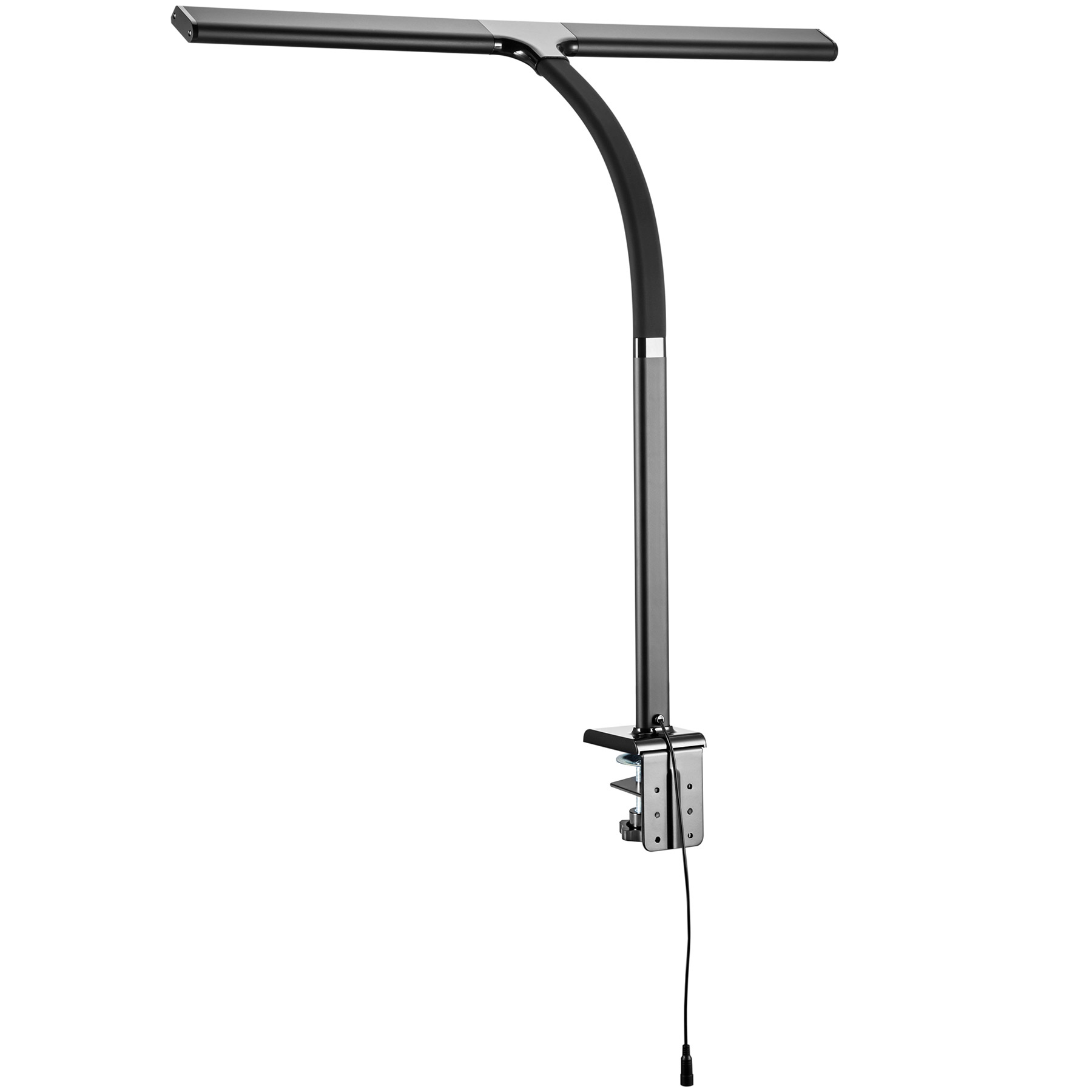 Schwarze Schreibtischlampe mit Klemme. Die Lampe hat einen gebogenen Arm und ein flaches Licht.