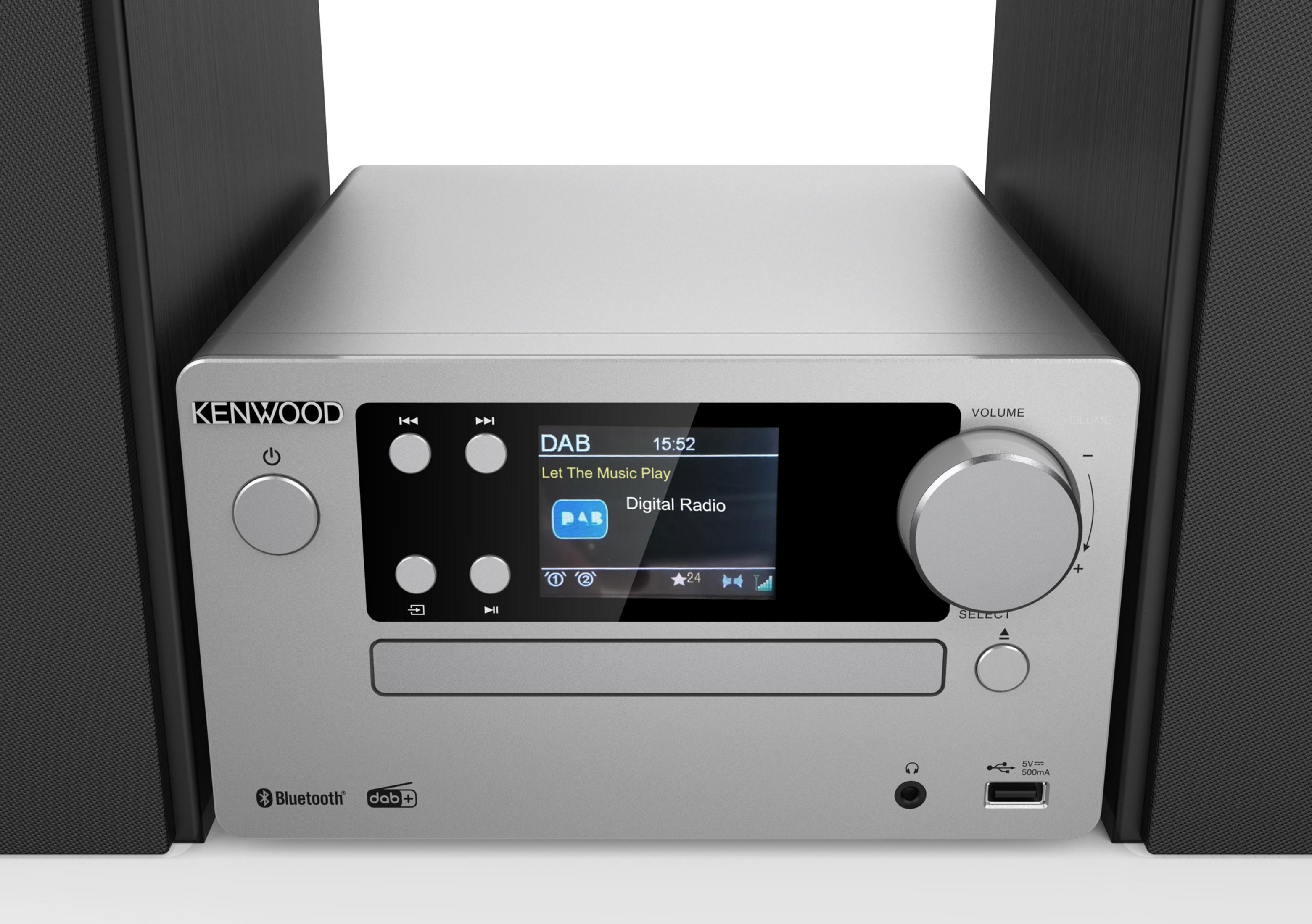 Impianto stereo Kenwood argento con display e altoparlanti su entrambi i lati.