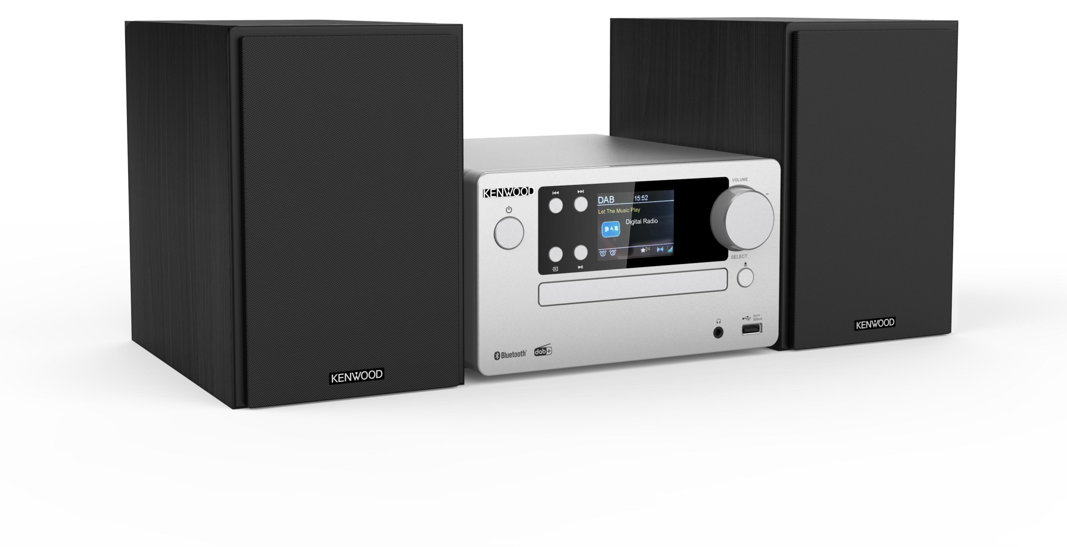 Un sistema stereo Kenwood argentato con altoparlanti neri su una superficie bianca.