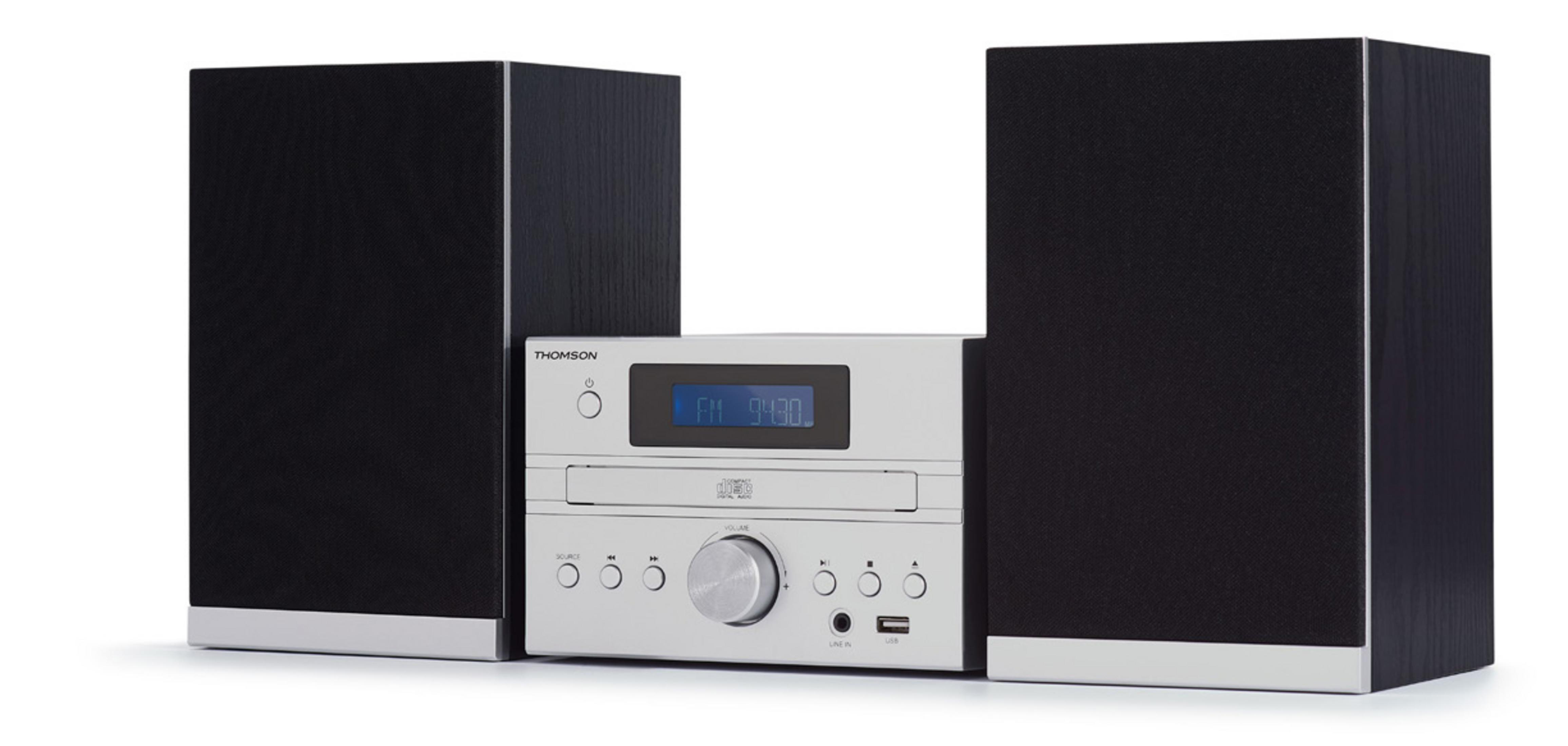 Mini wieża Thomson z dwoma głośnikami. Schemat kolorów: srebrny, czarny i biały.