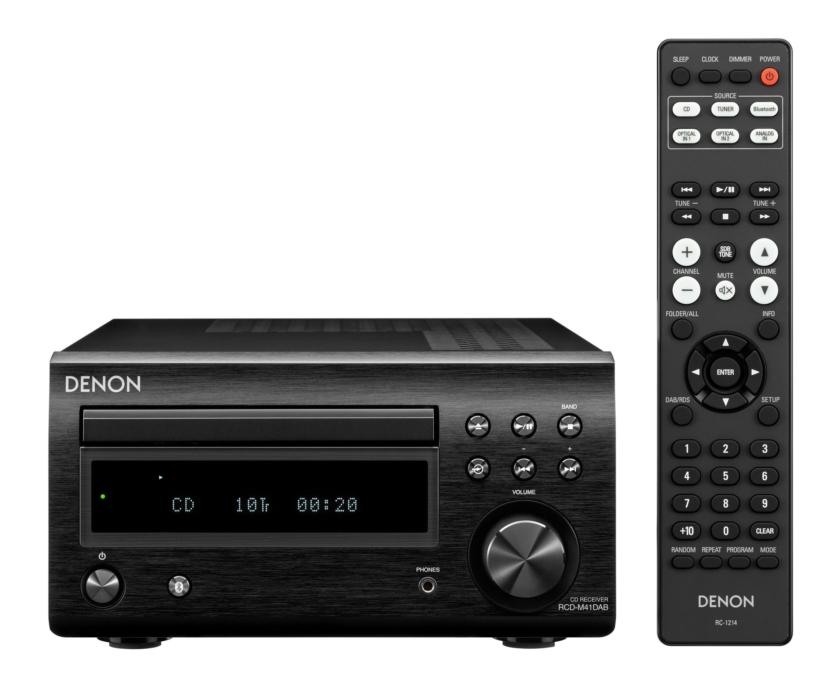 Ricevitore CD Denon nero e telecomando su sfondo bianco.