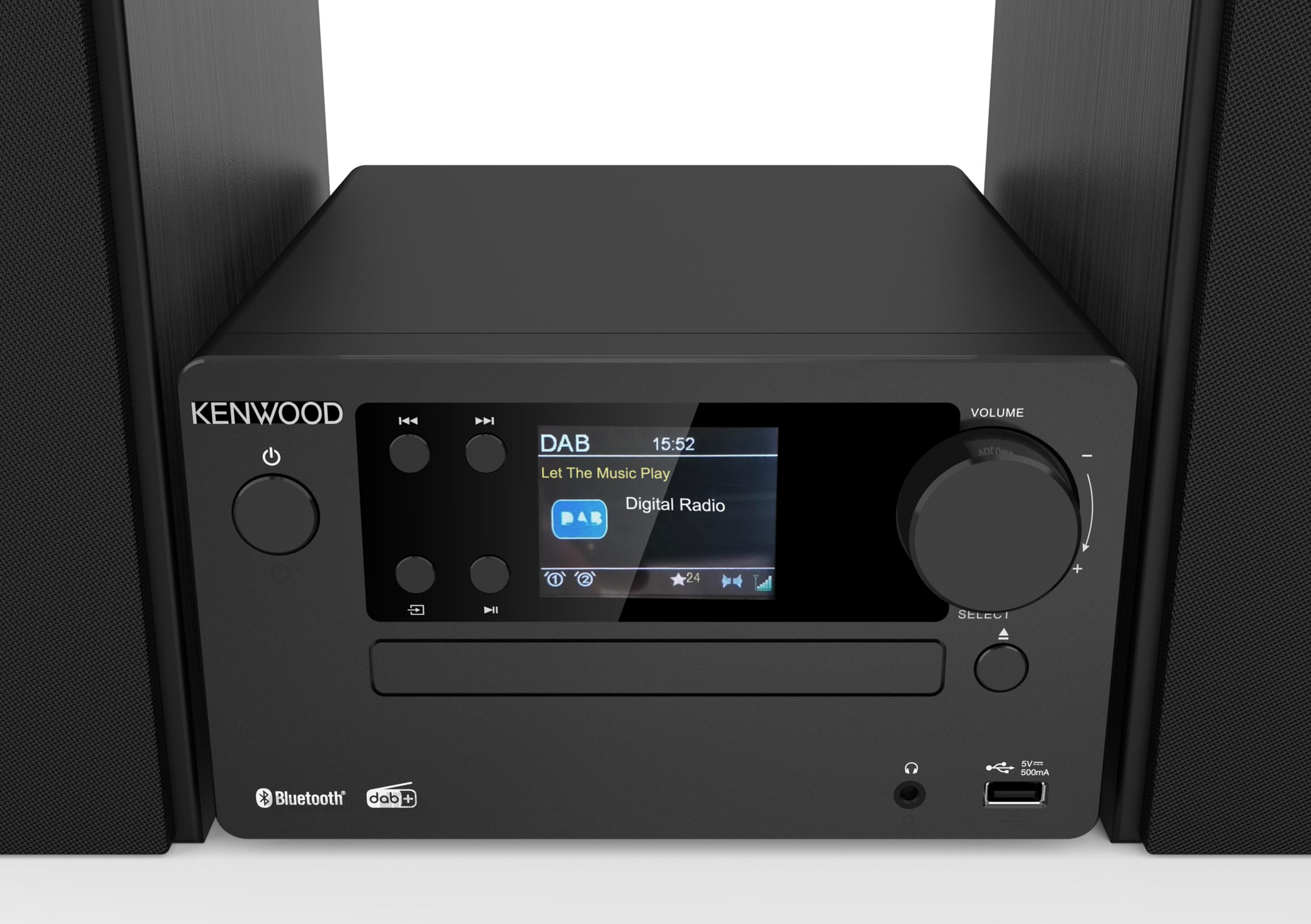 Schwarzes Kenwood Micro-HiFi-System mit Lautsprechern. Das Display zeigt DAB-Radioinformationen.