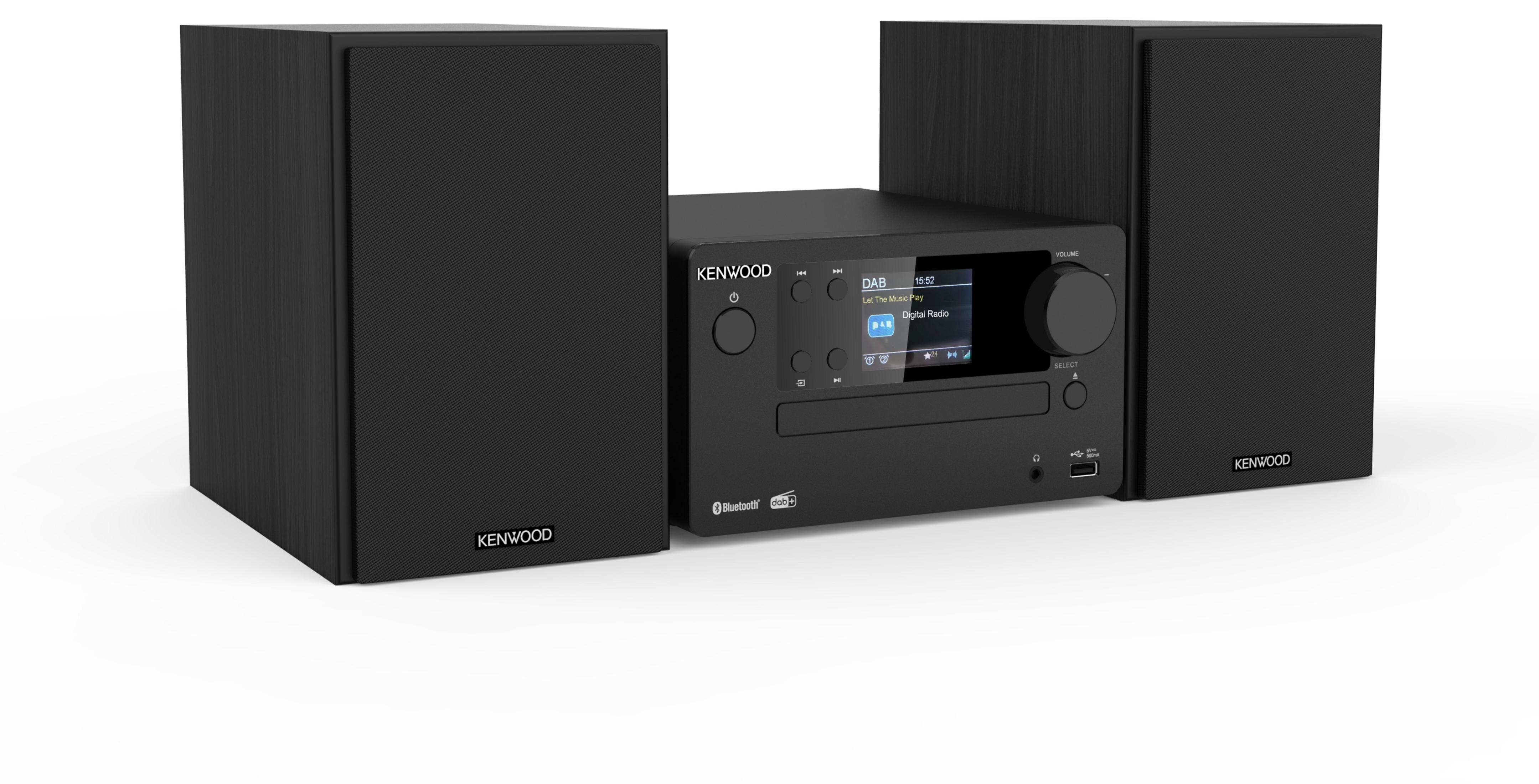 Schwarzes Kenwood-Stereosystem mit zwei schwarzen Lautsprechern. Das System hat ein Display.
