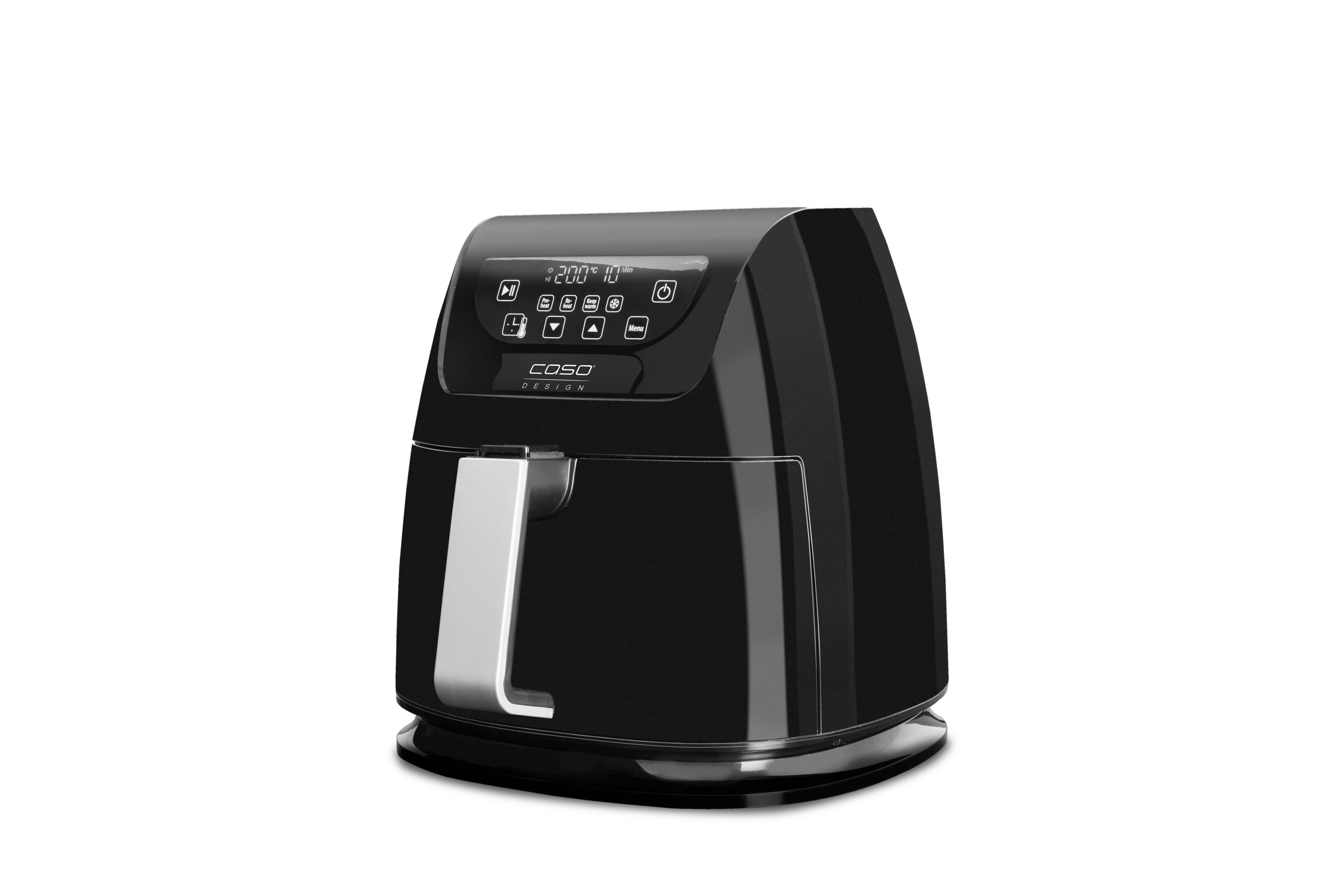 Schwarze Heißluftfritteuse mit Digitalanzeige und Griff, auf weißem Hintergrund.