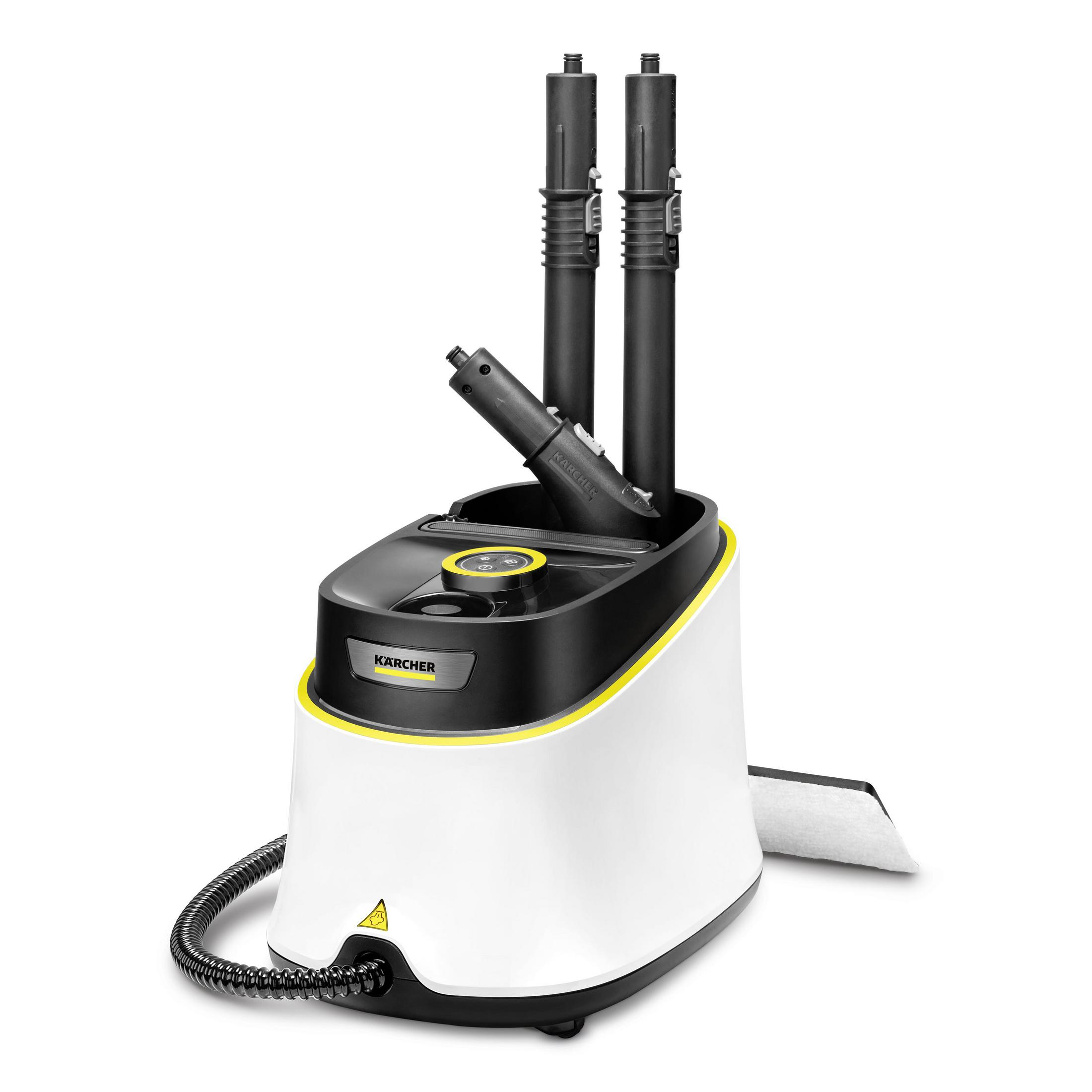 İki nozüllü beyaz ve siyah buharlı temizleyici. Karcher markası.