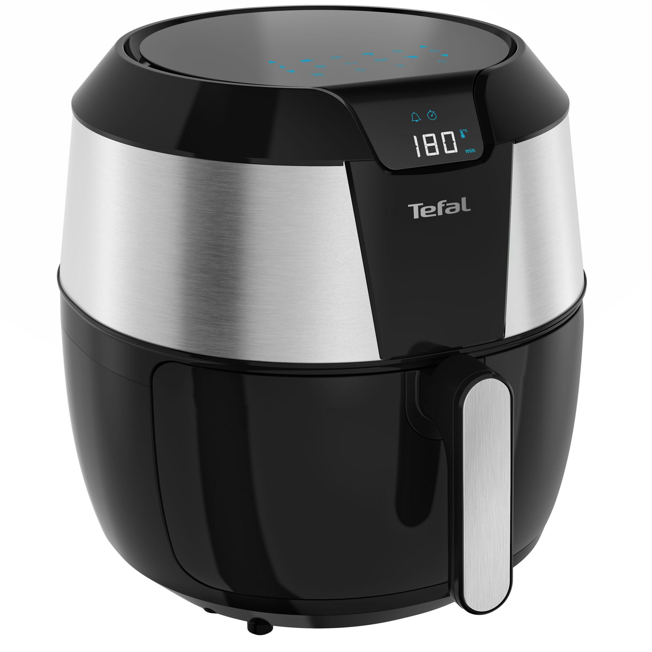 Schwarze und silberne Tefal Heißluftfritteuse mit Digitalanzeige, Griff und Bedienfeld.