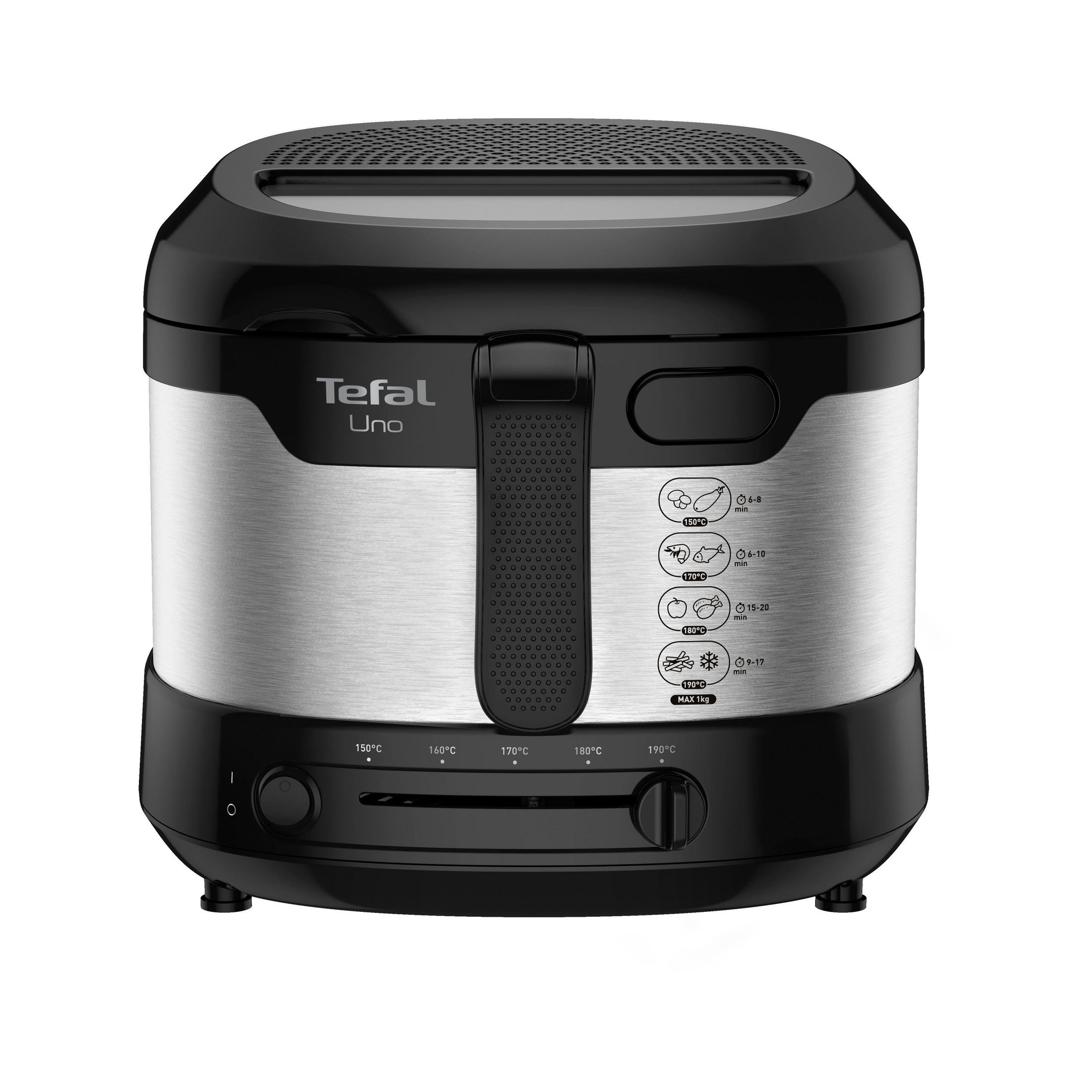 Czarno-srebrna frytkownica Tefal Uno. Widoczne są elementy sterujące i ustawienia temperatury.