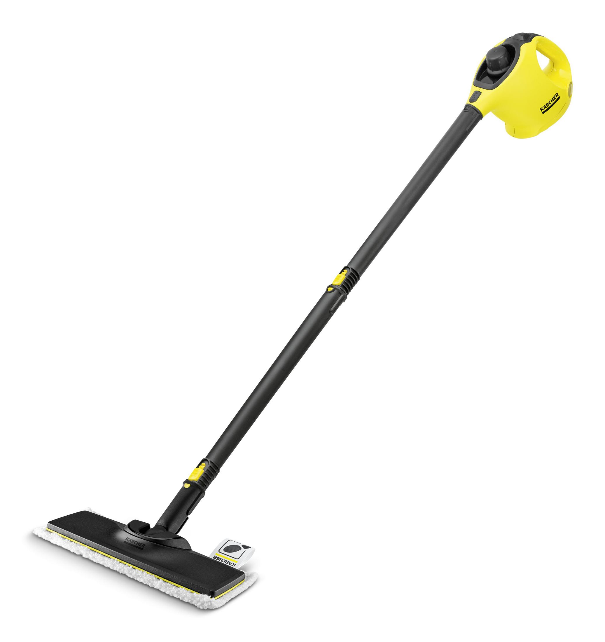 Pulitore a vapore giallo e nero su bianco. Un lungo manico porta a una testina.