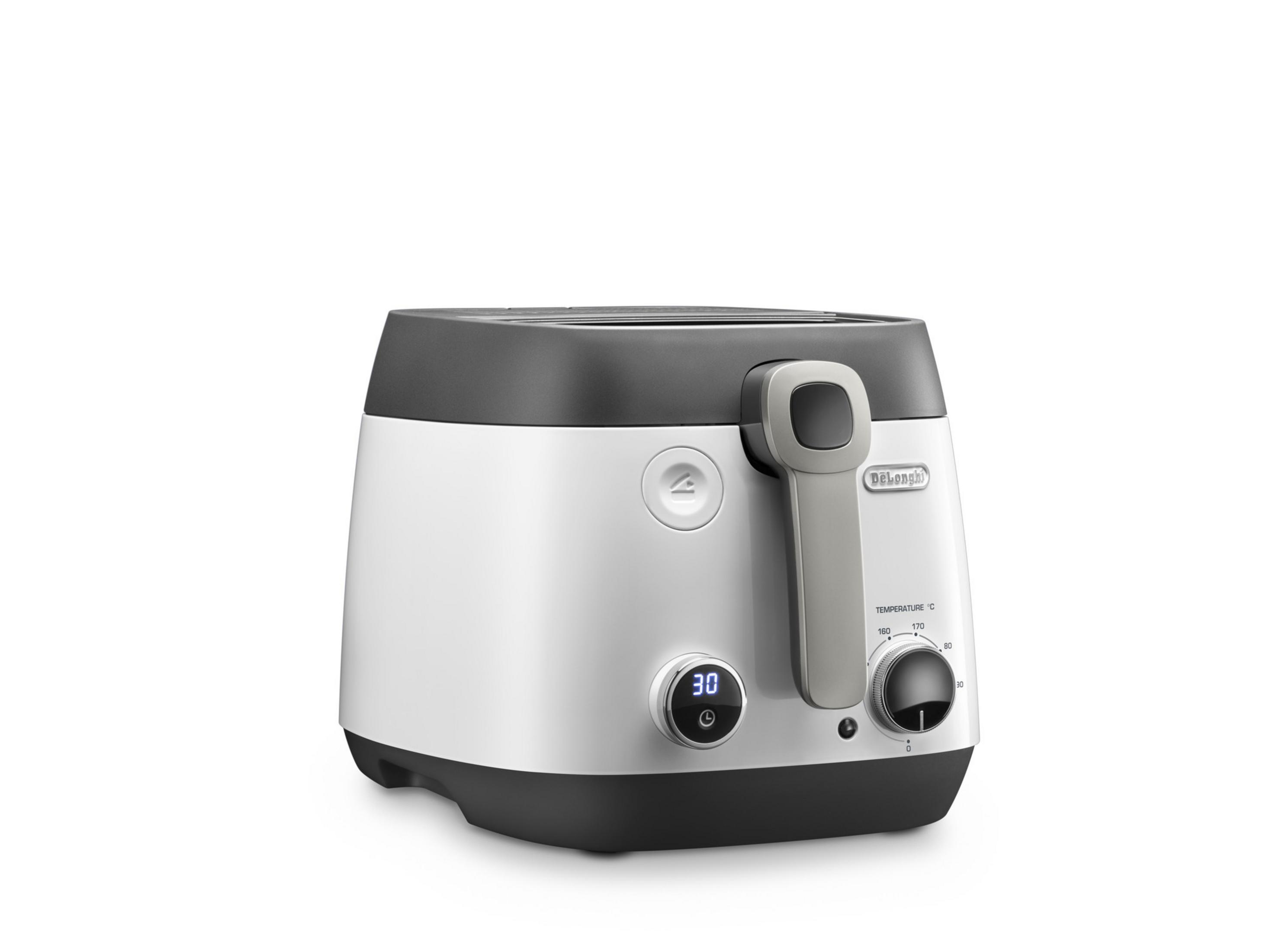 Biało-szara frytownica z wyświetlaczem cyfrowym i uchwytem. Białe tło.