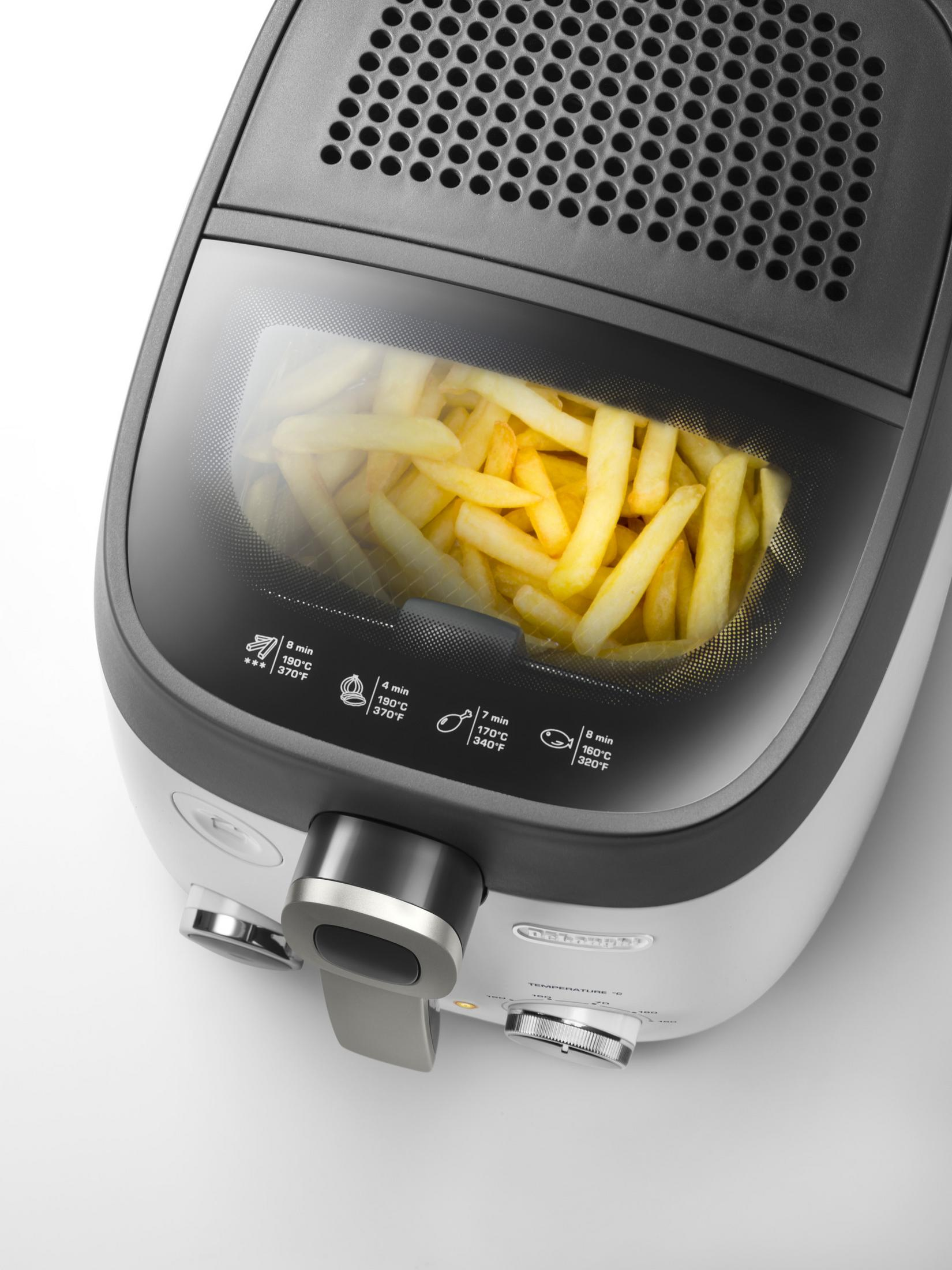 Frytownica z frytkami w środku, z instrukcją gotowania z boku na białym tle.