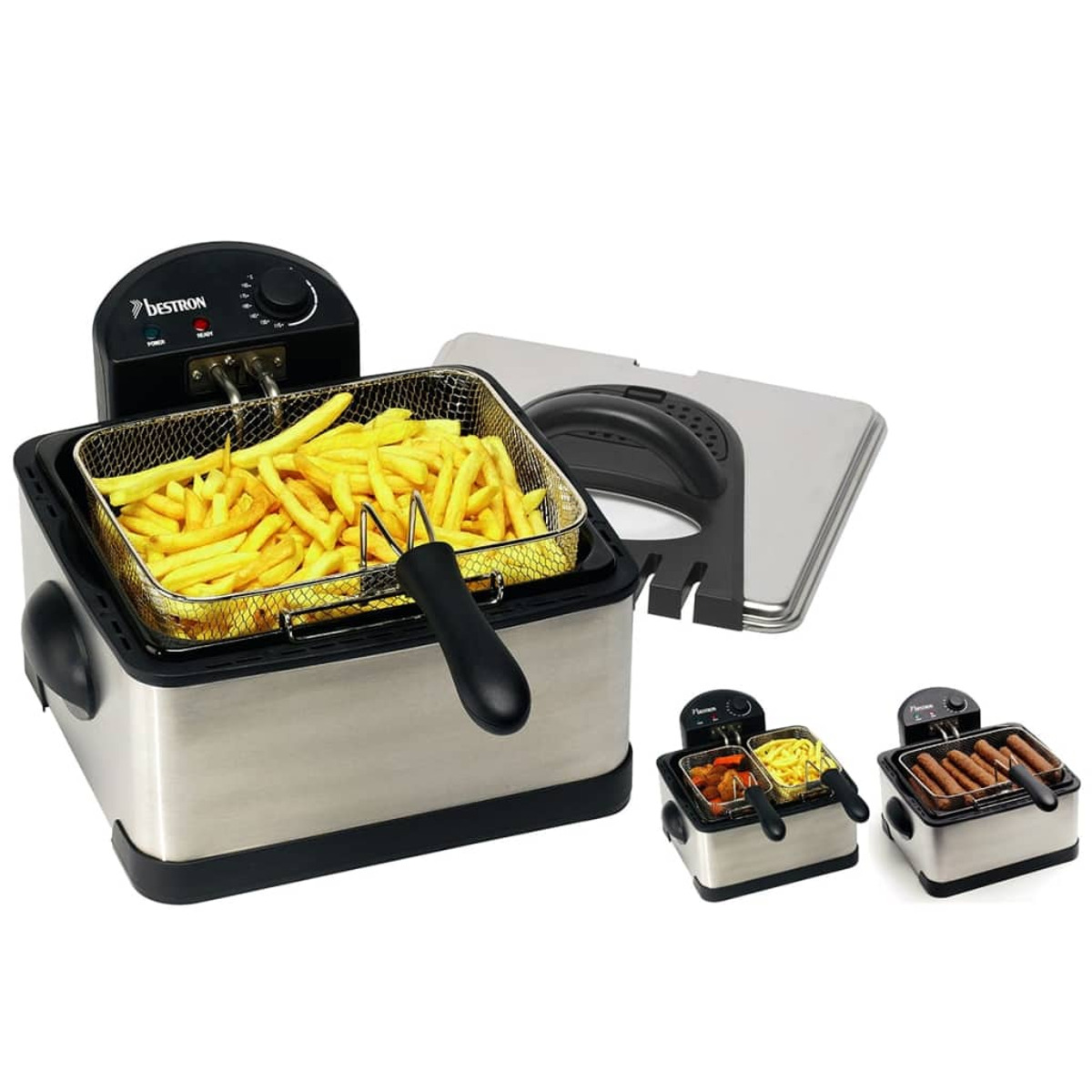 Una friggitrice con patatine fritte. Sono presenti anche due friggitrici aggiuntive con cibo.