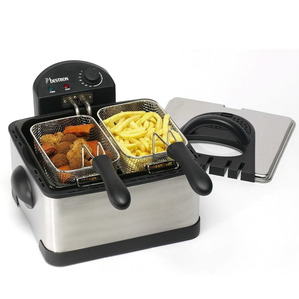 Friggitrice in acciaio inossidabile con cestelli contenenti cibi fritti e patatine fritte. Il coperchio è aperto.