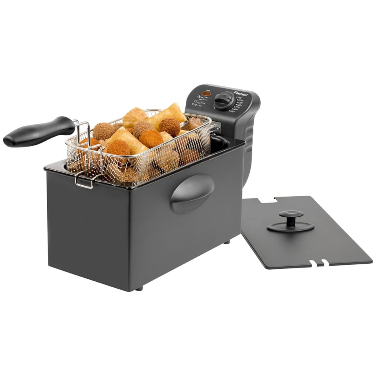 Schwarze Fritteuse mit Frittierkorb und Deckel, auf weißem Hintergrund.
