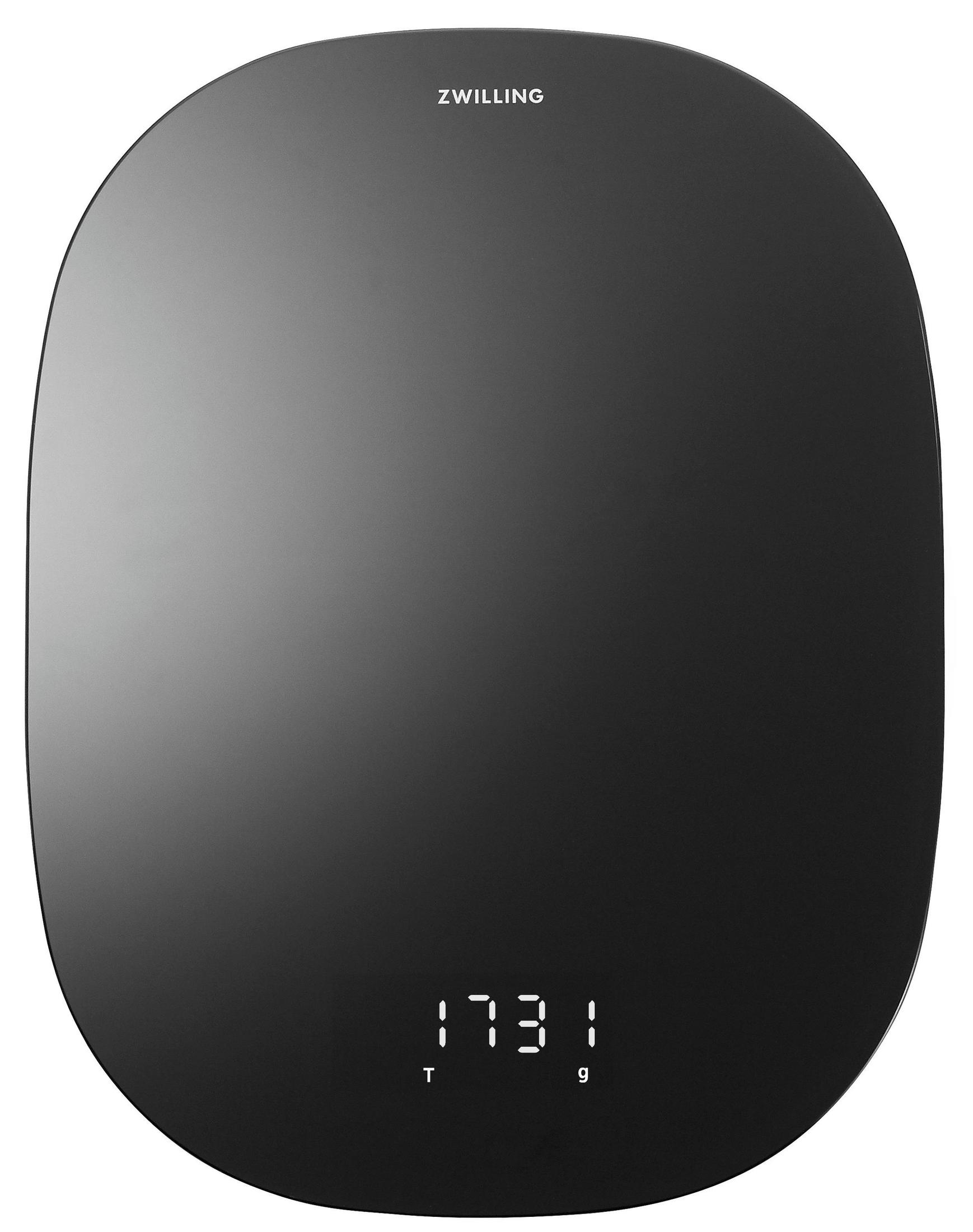 Czarna waga kuchenna Zwilling, wyświetlająca wagę 1731 gramów.