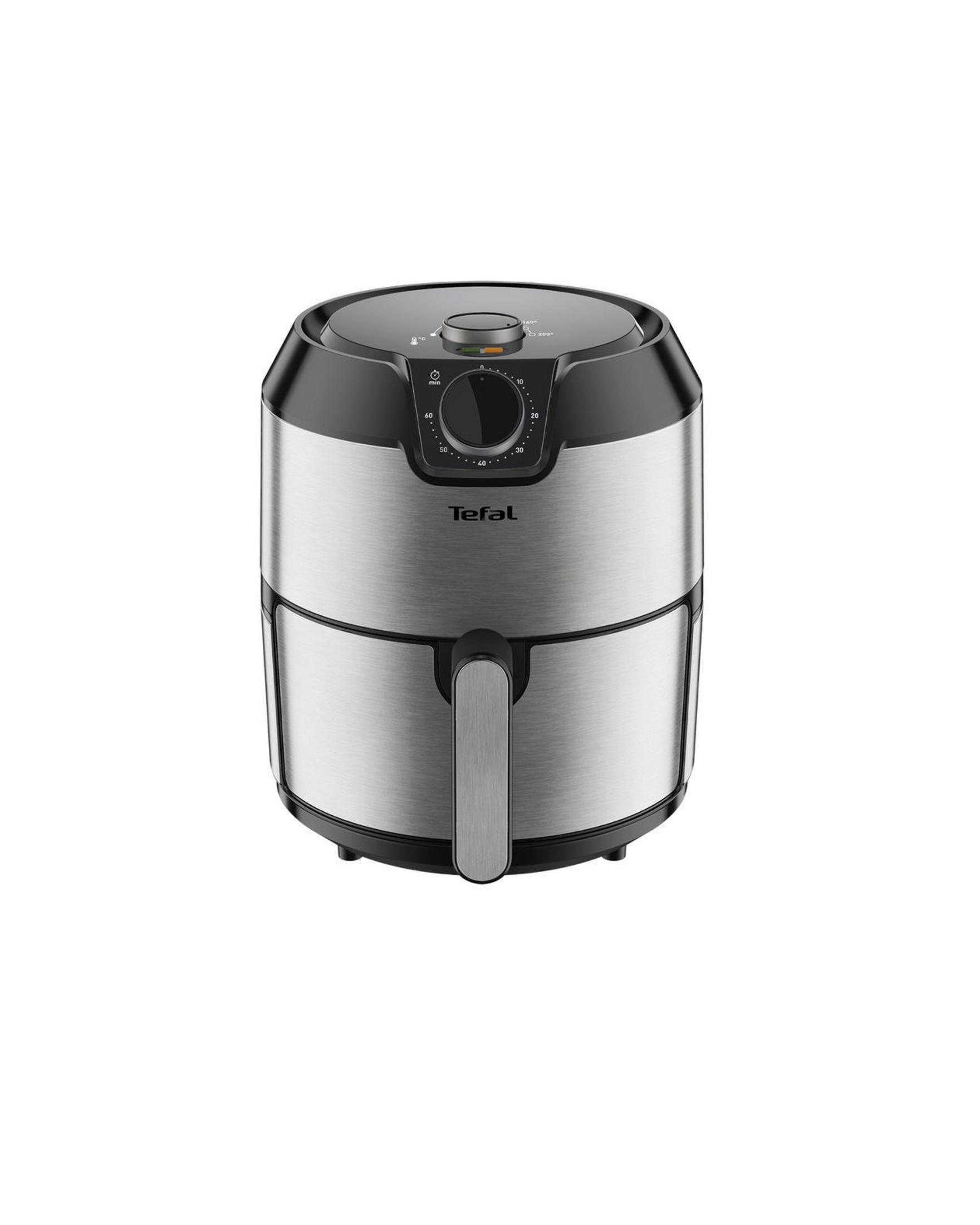Freidora de aire Tefal plateada con tapa negra, asa y panel de control.