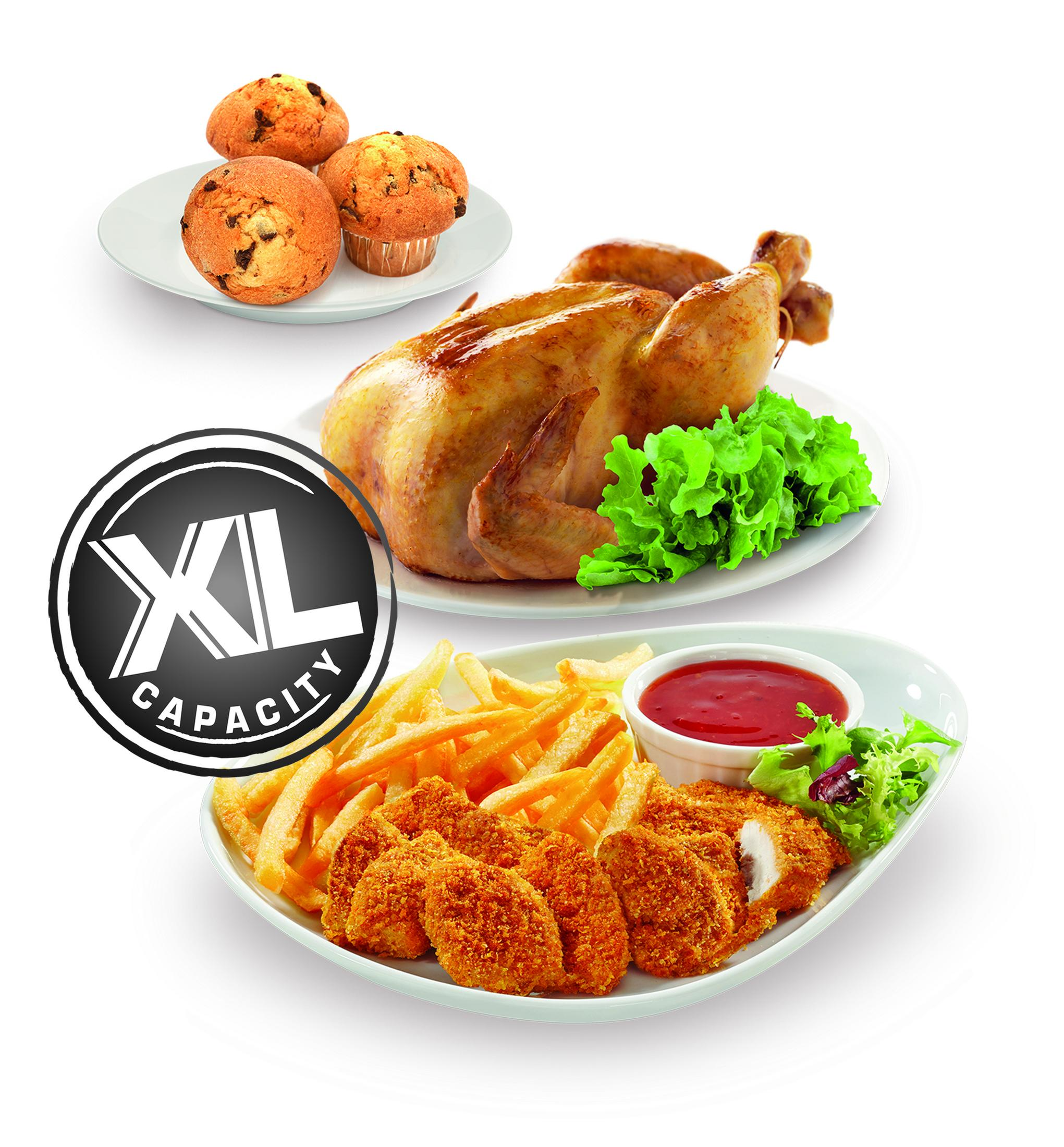 Comida en platos: pollo asado, papas fritas, nuggets y muffins. Logotipo de XL Capacity.