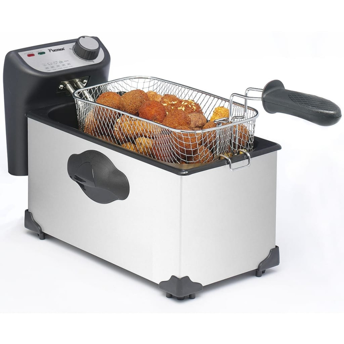 Eine Edelstahl-Fritteuse gefüllt mit frittiertem Essen. Die Fritteuse steht auf einer weißen Oberfläche.