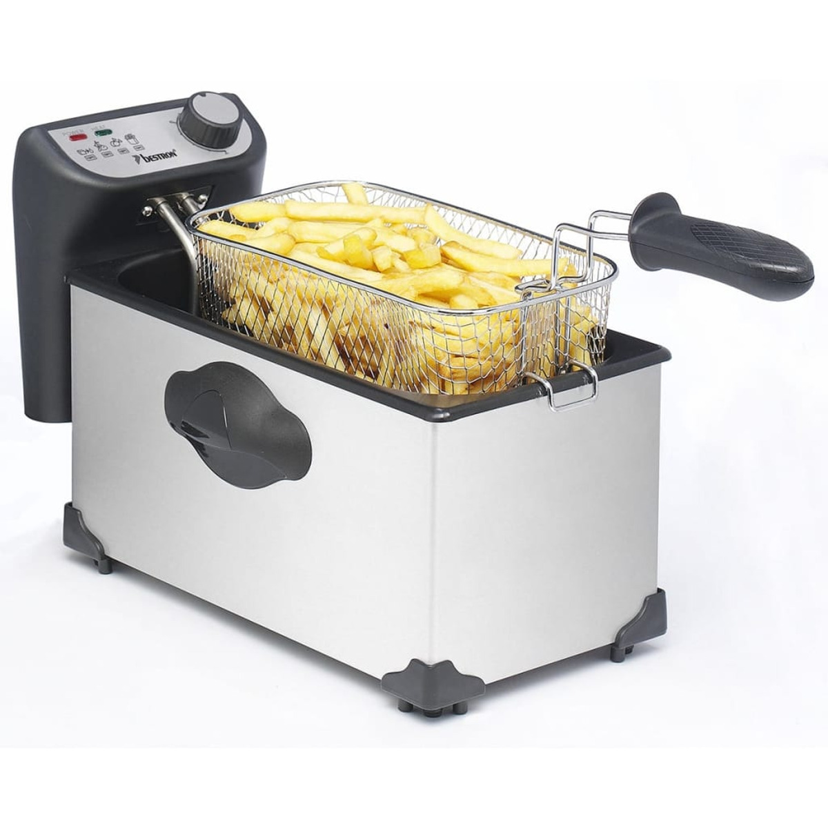 Frittiergerät aus Edelstahl mit einem Korb voller goldener Pommes Frites.