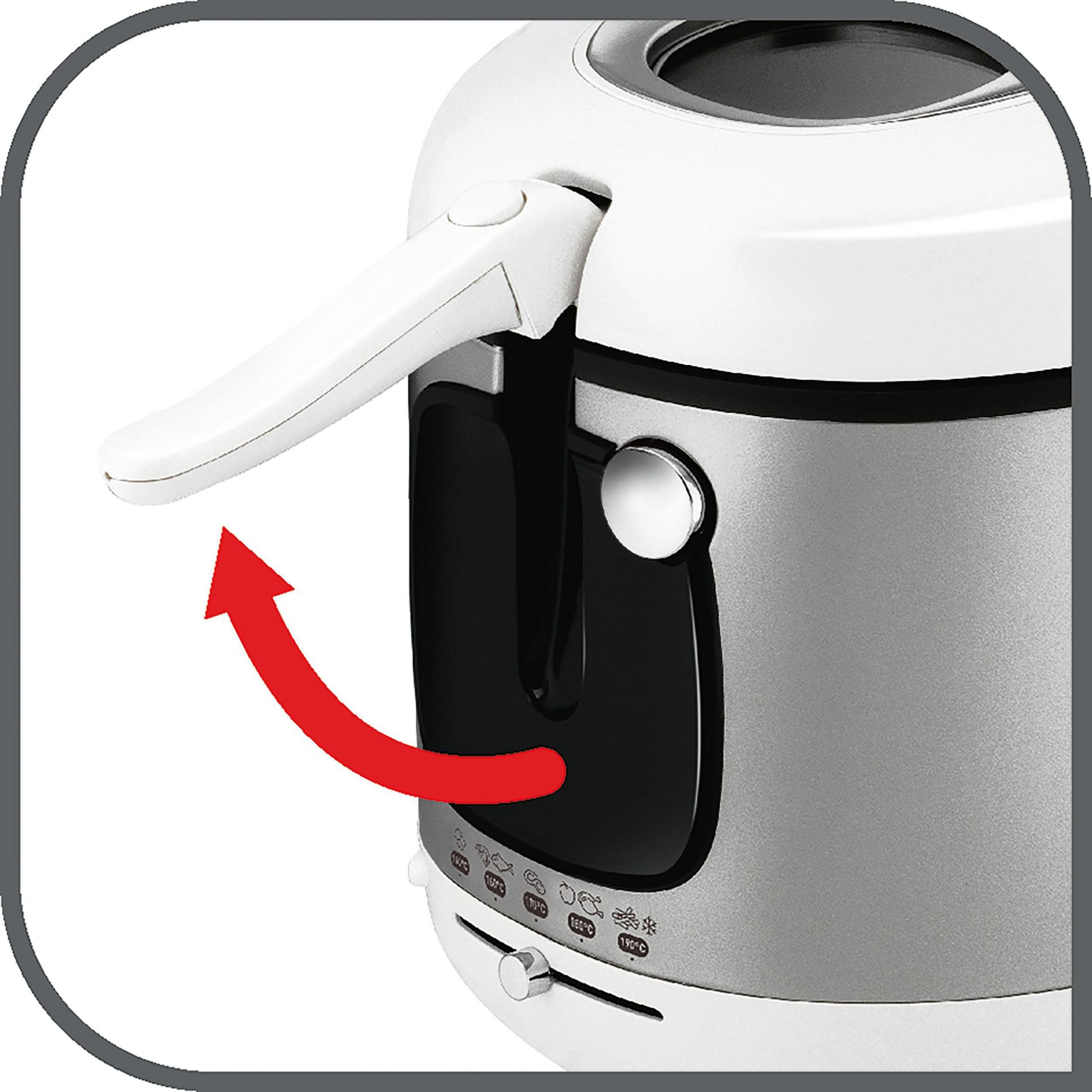 Zbliżenie białej i srebrnej frytownicy z uchwytem i czerwoną strzałką.