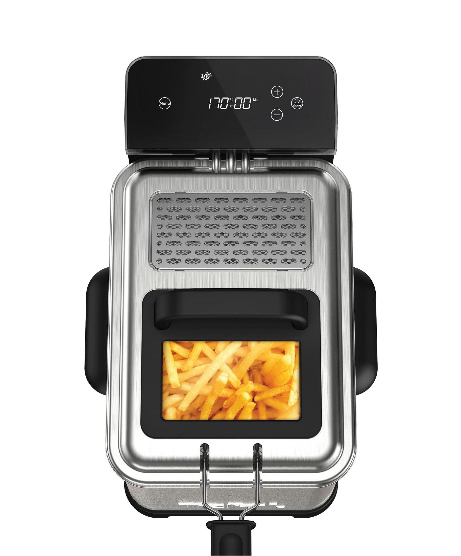 Widok z góry na frytownicę z frytkami. Temperatura ustawiona na 170:00.