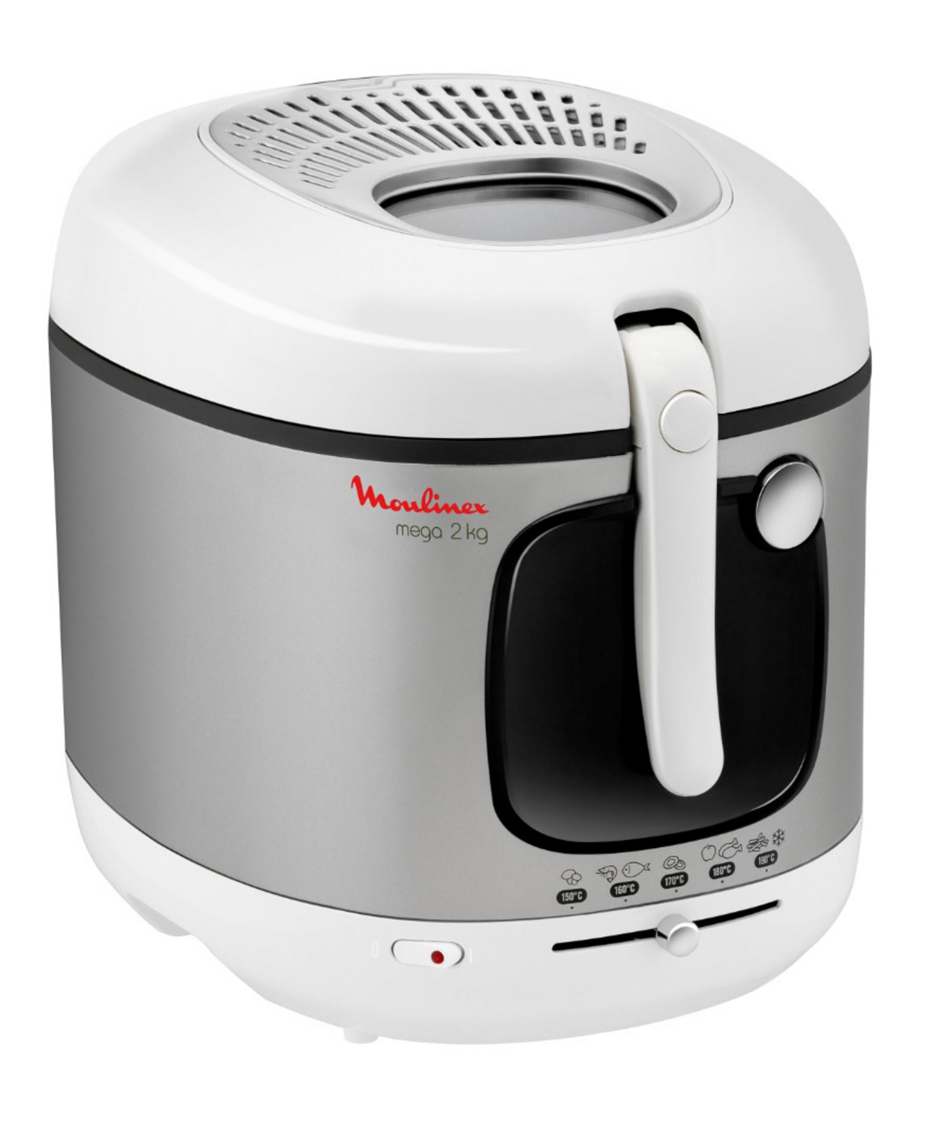 Weiße und silberne Moulinex mega 2 kg Fritteuse. Sie hat einen Griff und einen Temperaturregler.