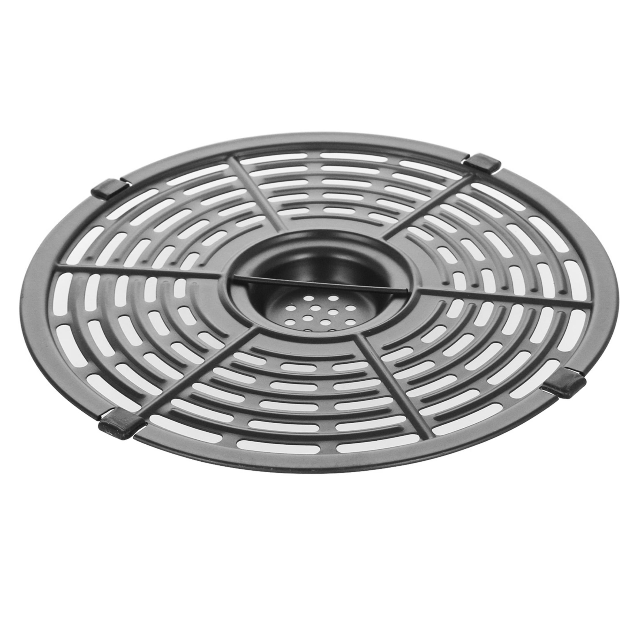 Ein dunkelgrauer, runder Airfryer-Korb mit Gittermuster und kleinen schwarzen Füßen.