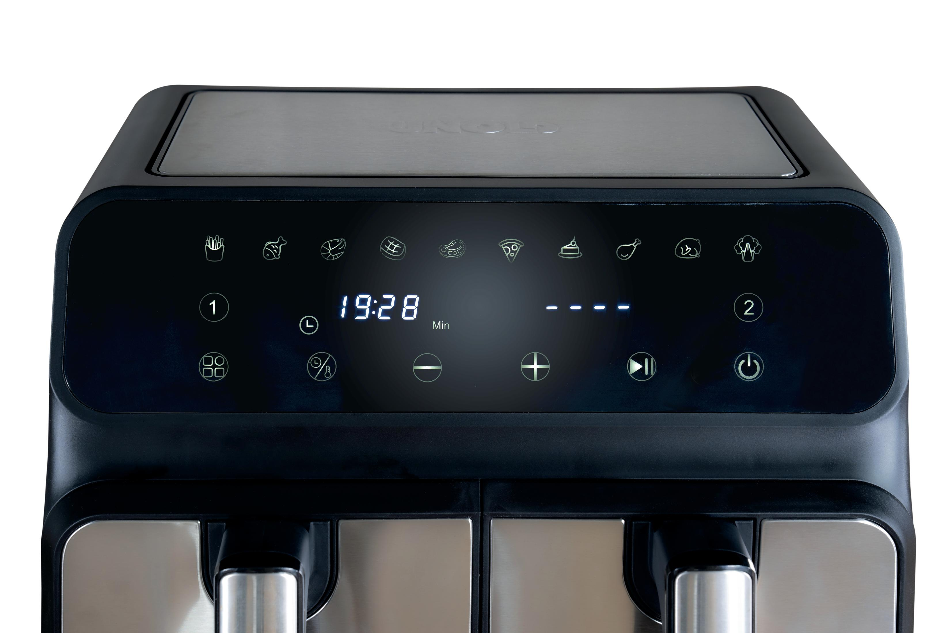 Zbliżenie panelu sterowania frytownicy beztłuszczowej. Wyświetla ekran z czasem i ikonami dla różnych opcji gotowania.