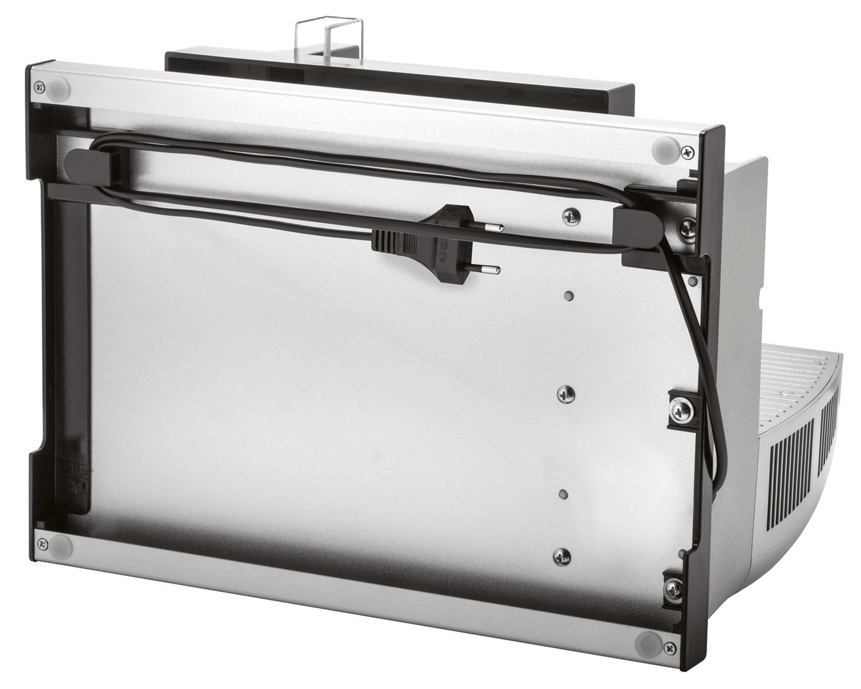 Srebrne urządzenie kuchenne, widok od spodu, ze śrubami, przewodem zasilającym i gumowymi nóżkami. Czarna konstrukcja.